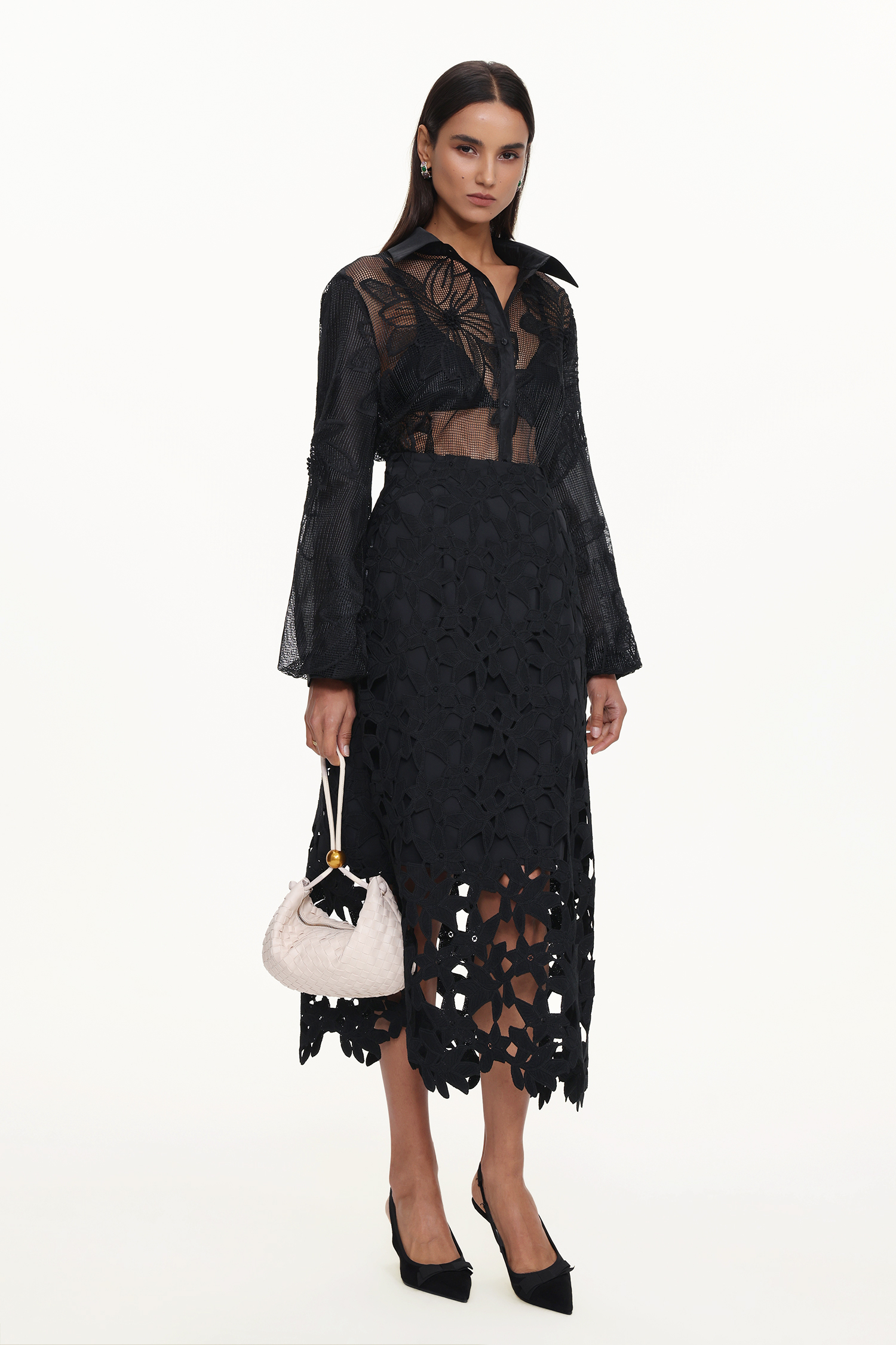 Elza Chic Tailored Long Sleeve Floral Cut Out Woven Shirt