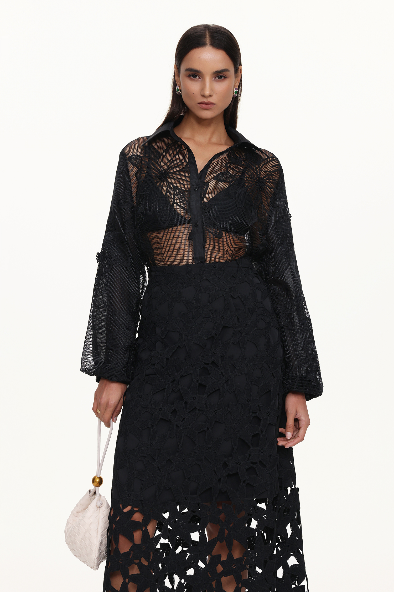 Elza Chic Tailored Long Sleeve Floral Cut Out Woven Shirt