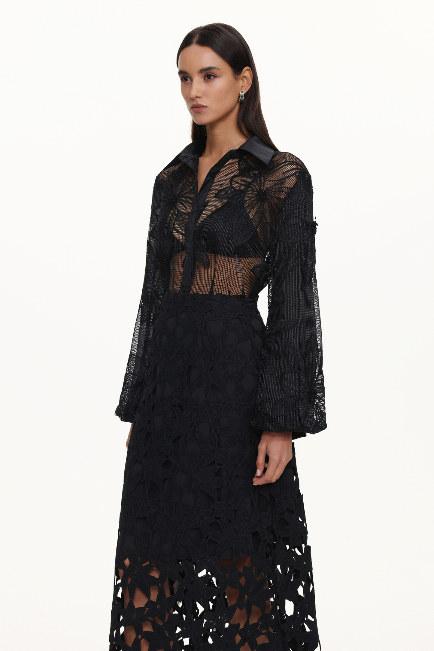 Elza Chic Tailored Long Sleeve Floral Cut Out Woven Shirt