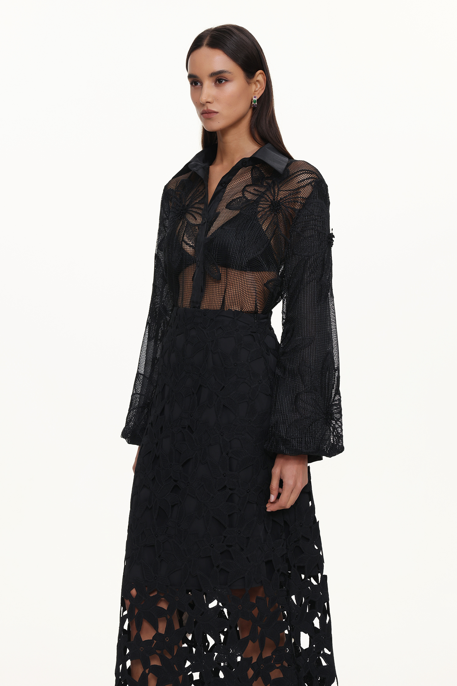 Elza Chic Tailored Long Sleeve Floral Cut Out Woven Shirt