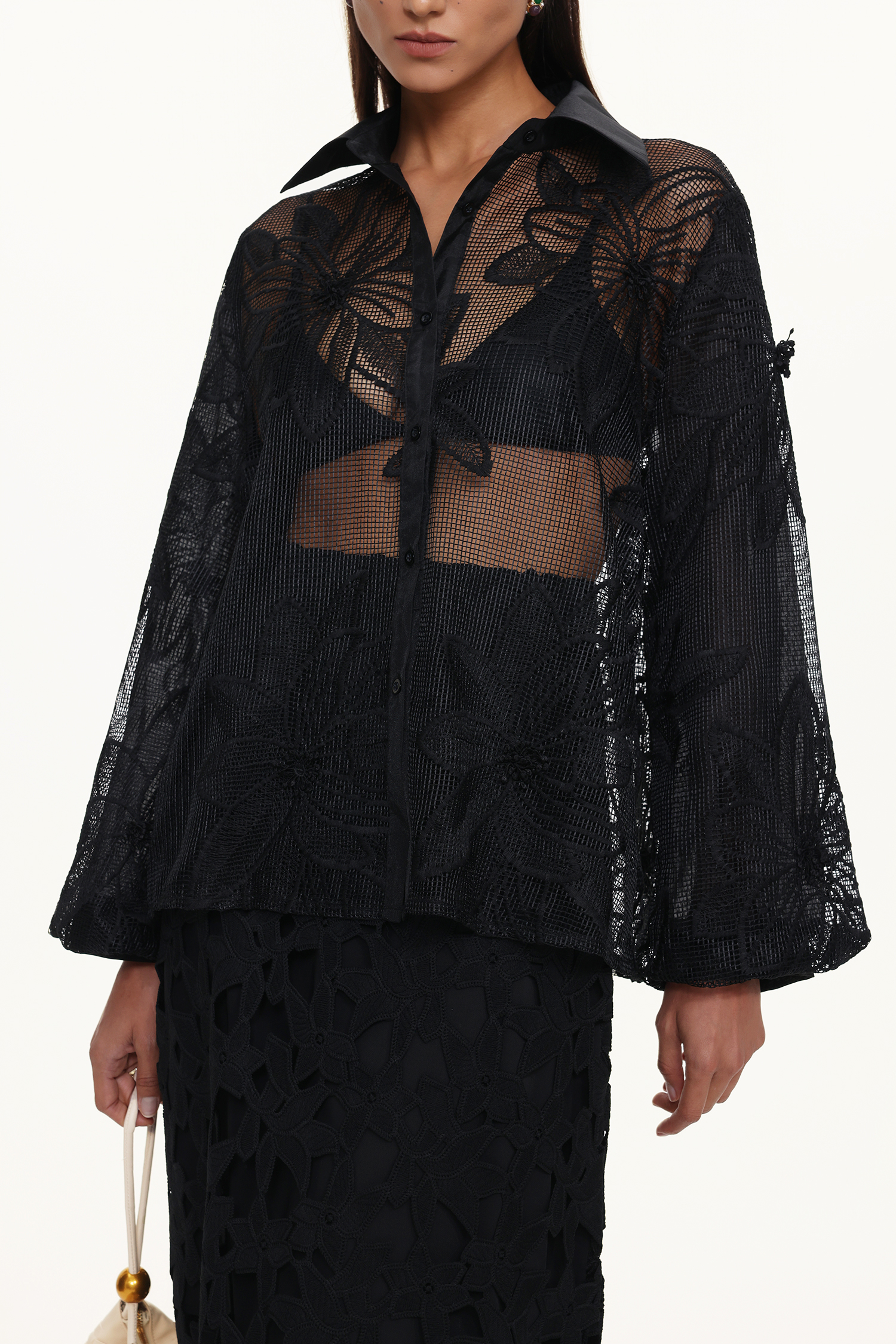 Elza Chic Tailored Long Sleeve Floral Cut Out Woven Shirt