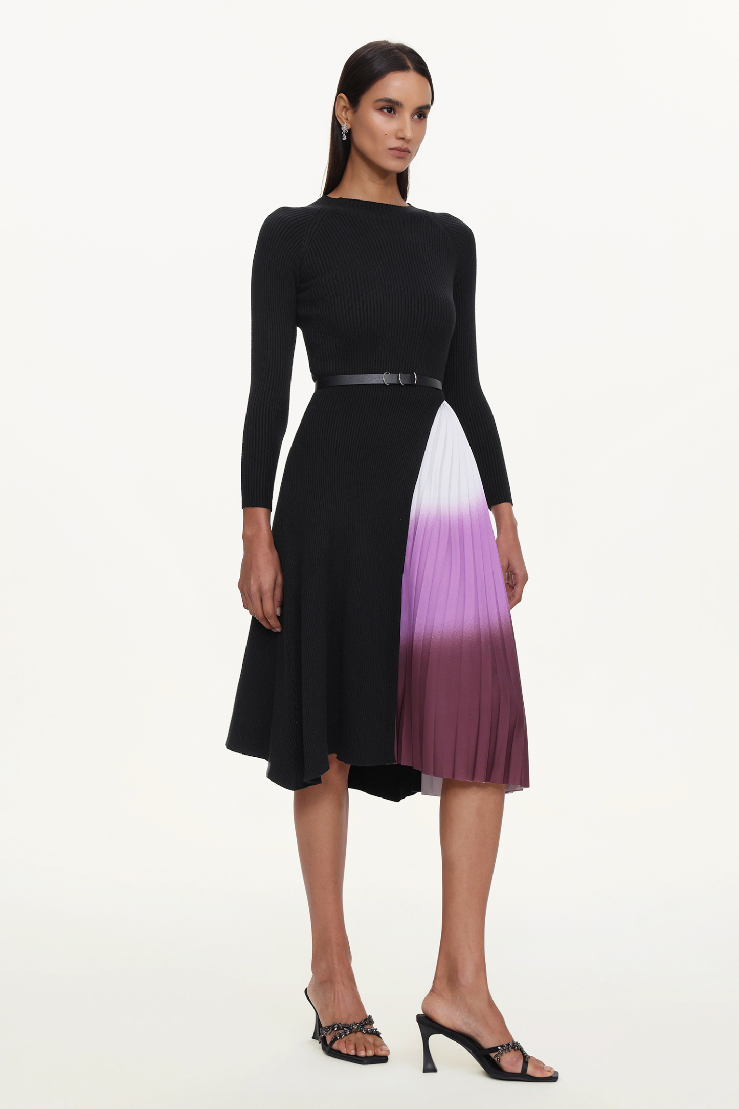 Viane Elegant Flowy Long Sleeve Pleated Abstratc Print Knit Mini Dress