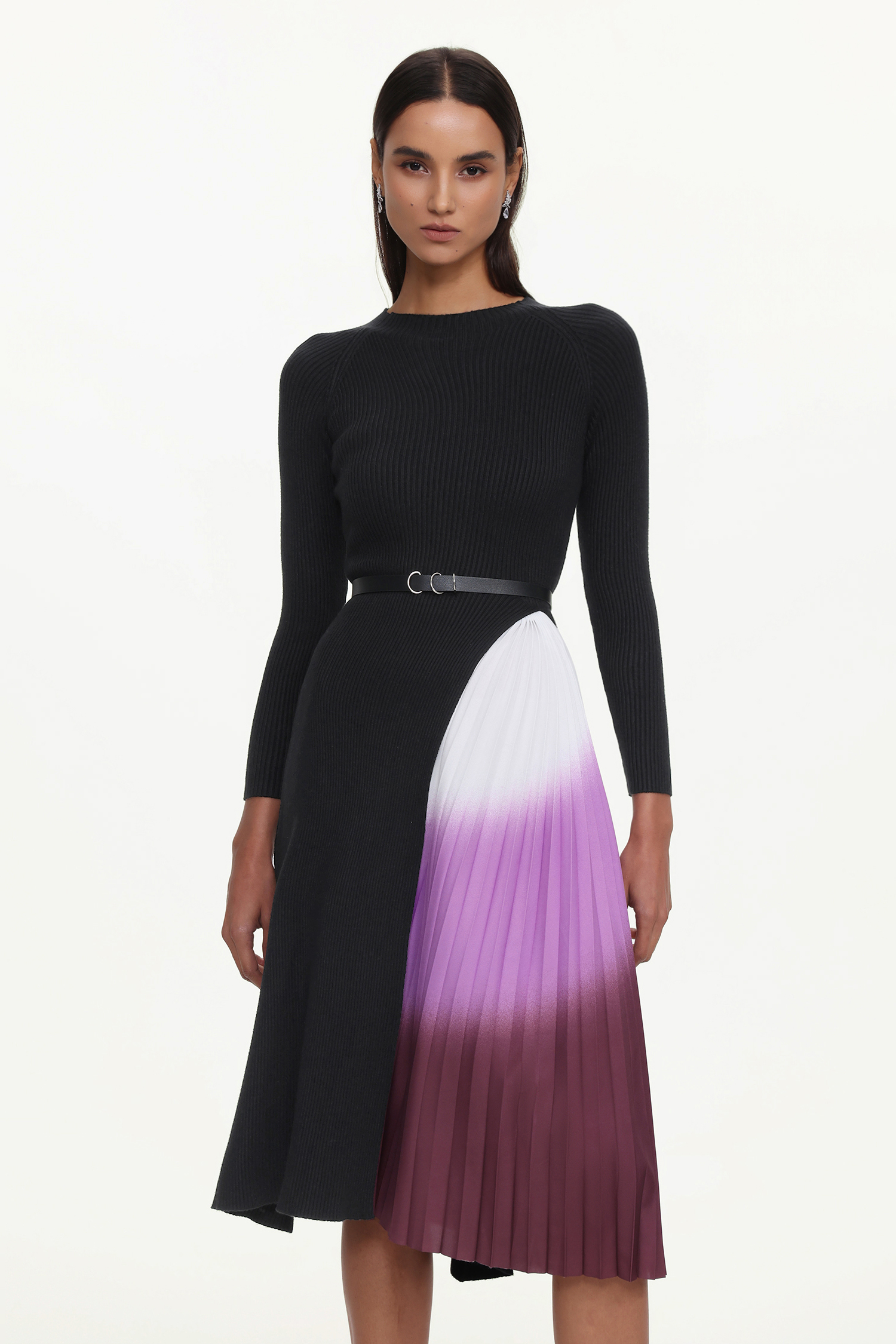 Viane Elegant Flowy Long Sleeve Pleated Abstratc Print Knit Mini Dress