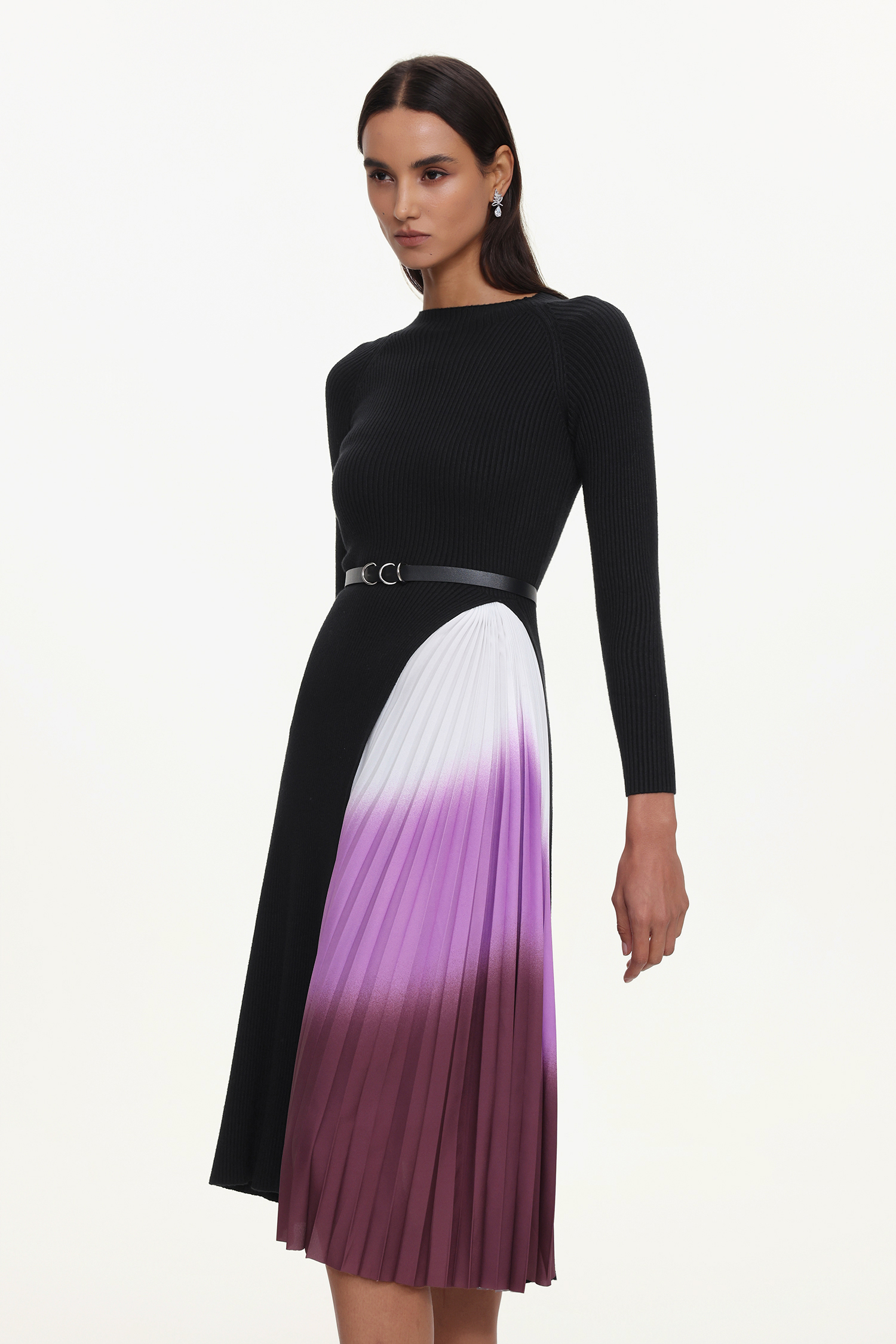 Viane Elegant Flowy Long Sleeve Pleated Abstratc Print Knit Mini Dress