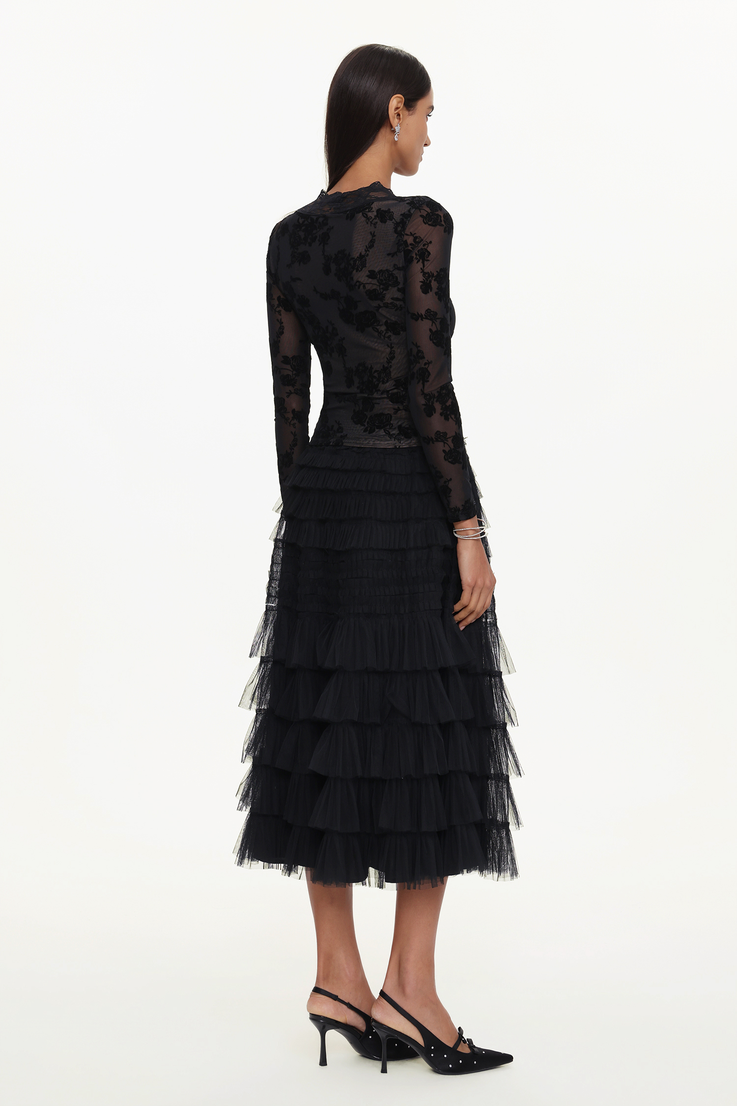 Tihila Romantic Contour V Neck Long Sleeve Buttoned Layered Lace Maxi Dress