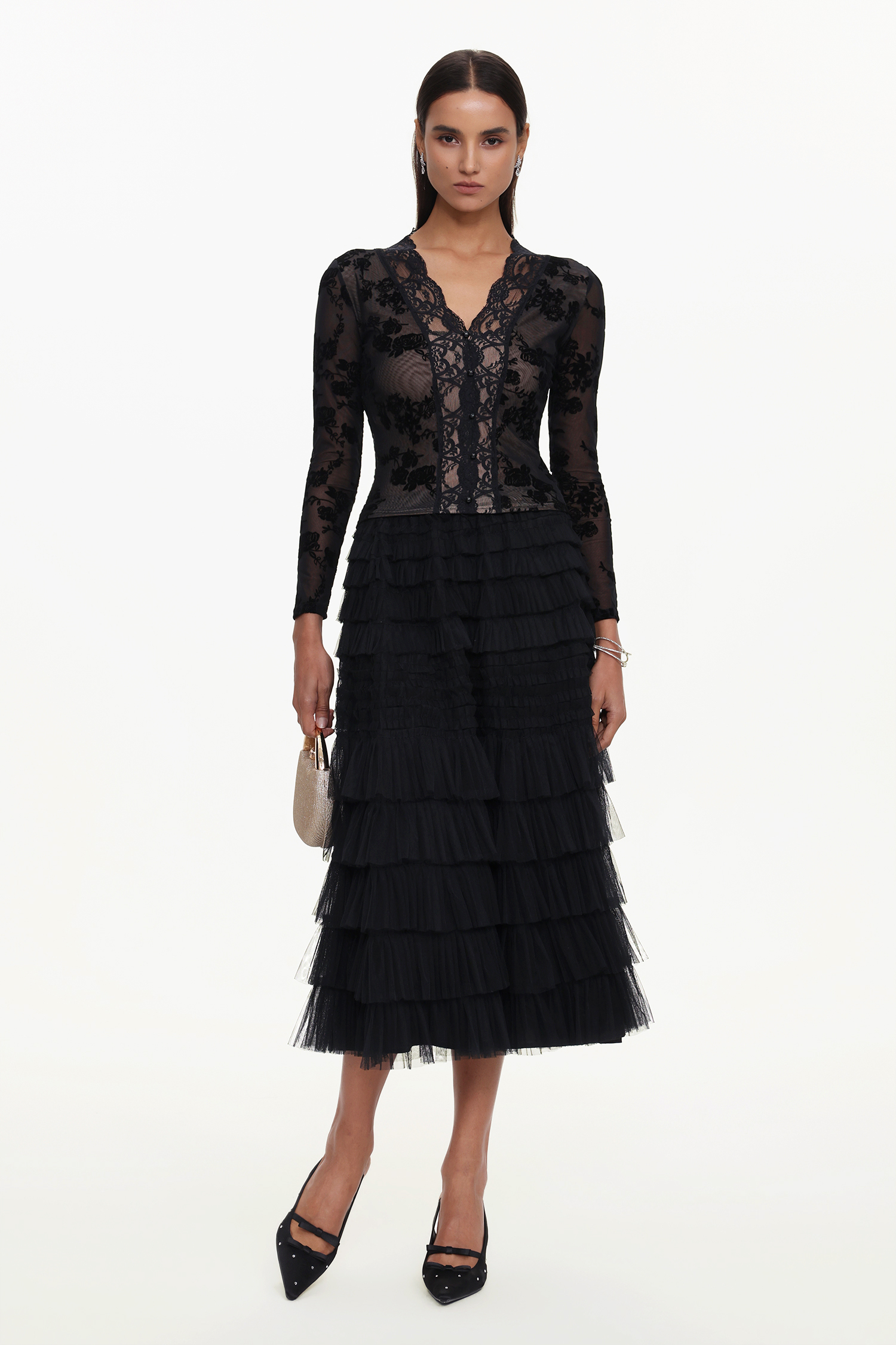 Tihila Romantic Contour V Neck Long Sleeve Buttoned Layered Lace Maxi Dress