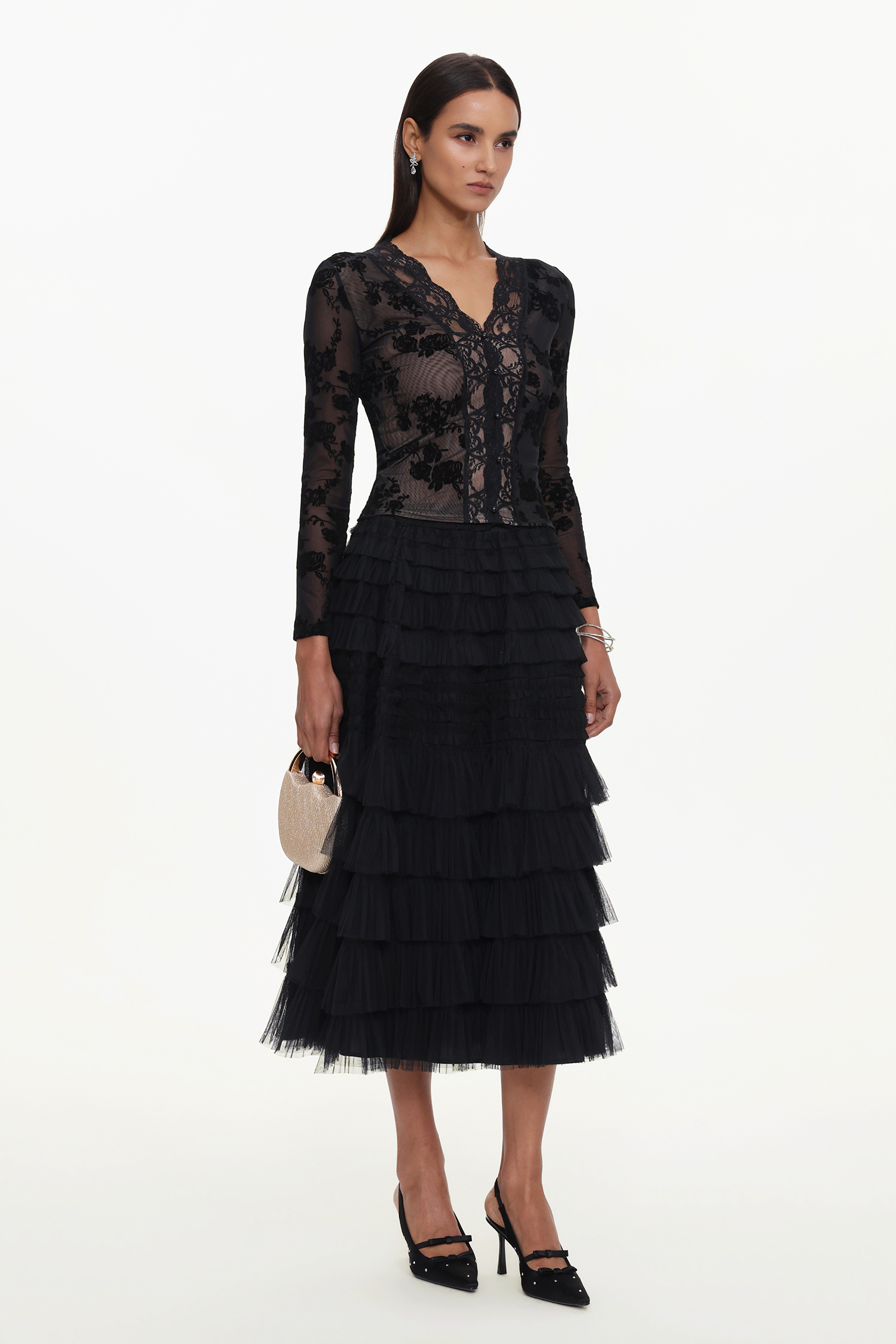 Tihila Romantic Contour V Neck Long Sleeve Buttoned Layered Lace Maxi Dress