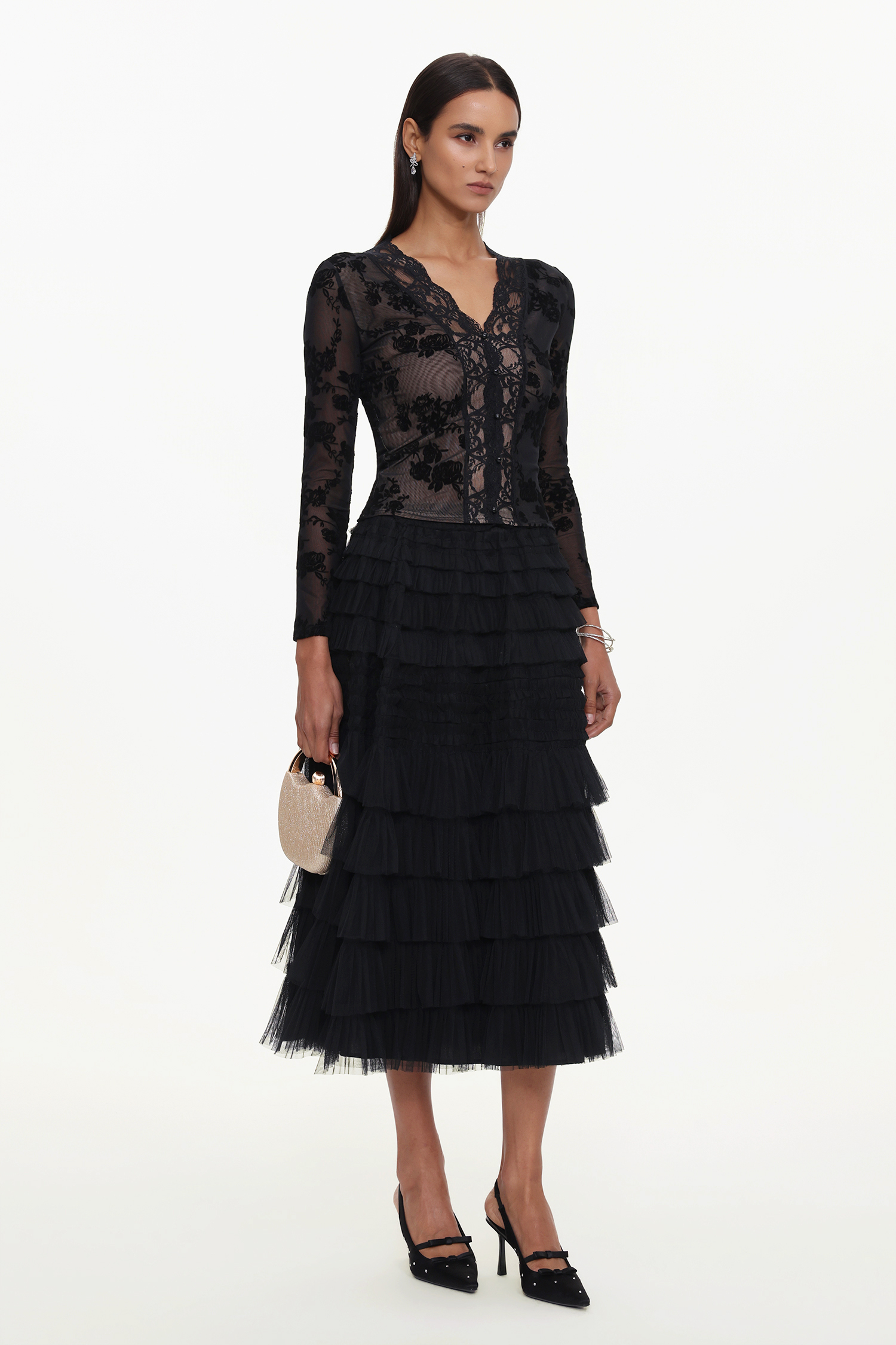 Tihila Romantic Contour V Neck Long Sleeve Buttoned Layered Lace Maxi Dress