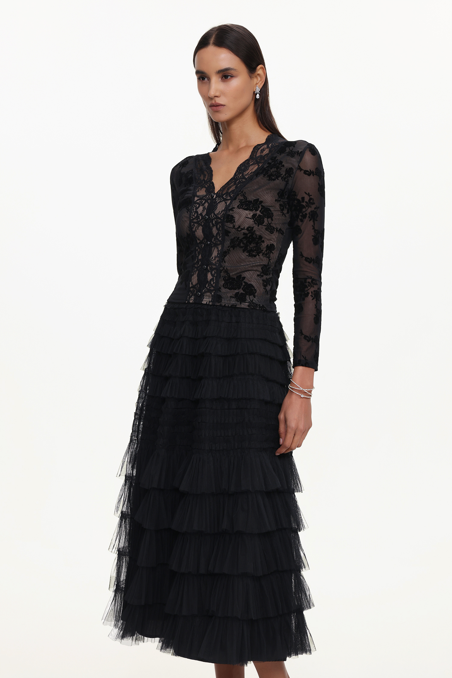 Tihila Romantic Contour V Neck Long Sleeve Buttoned Layered Lace Maxi Dress