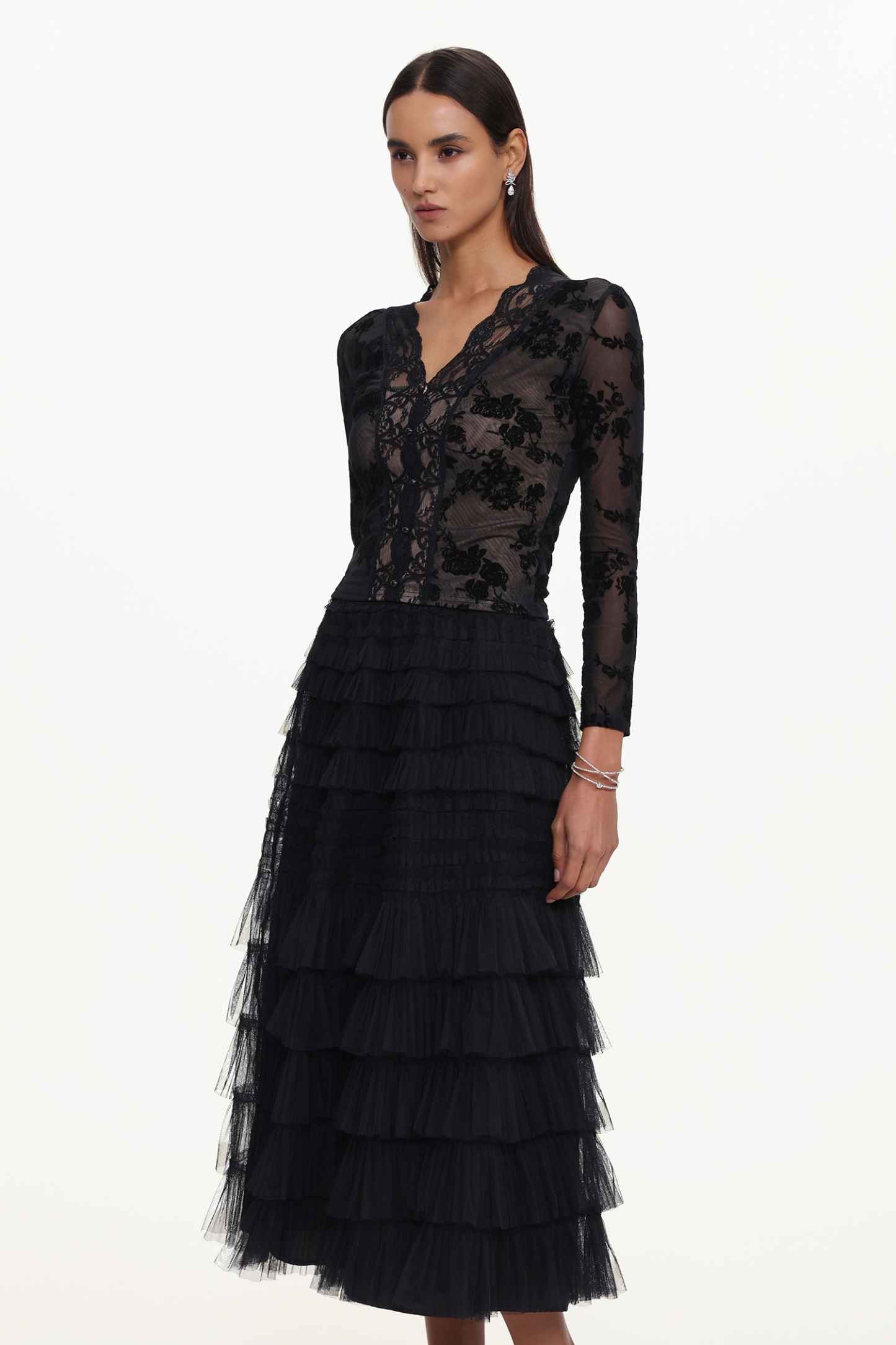 Tihila Romantic Contour V Neck Long Sleeve Buttoned Layered Lace Maxi Dress