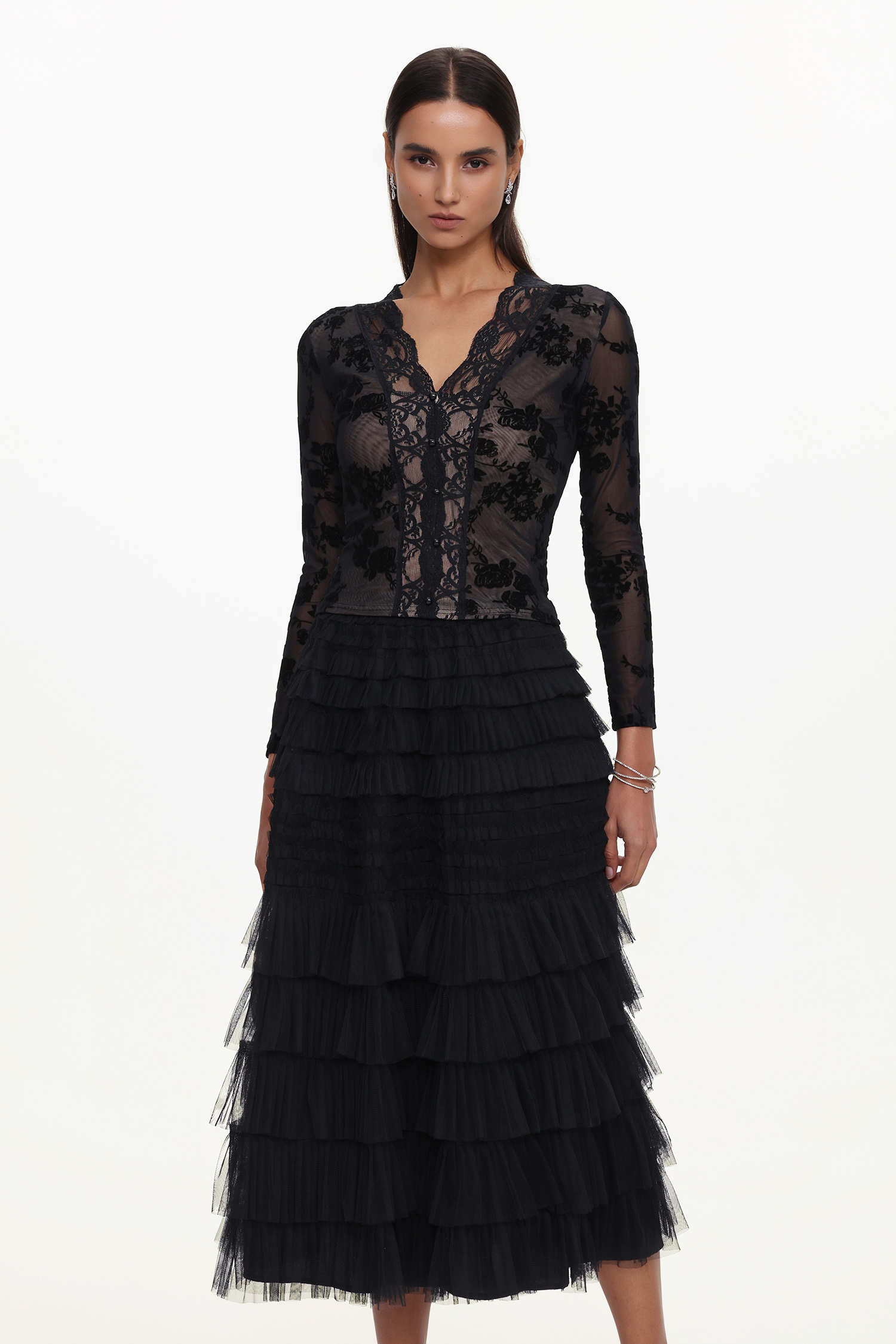 Tihila Romantic Contour V Neck Long Sleeve Buttoned Layered Lace Maxi Dress