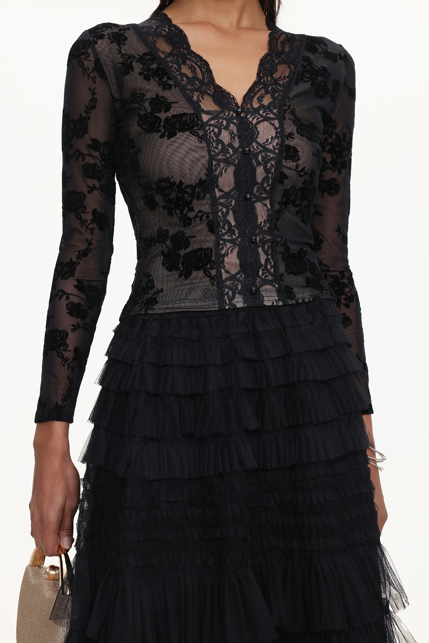 Tihila Romantic Contour V Neck Long Sleeve Buttoned Layered Lace Maxi Dress