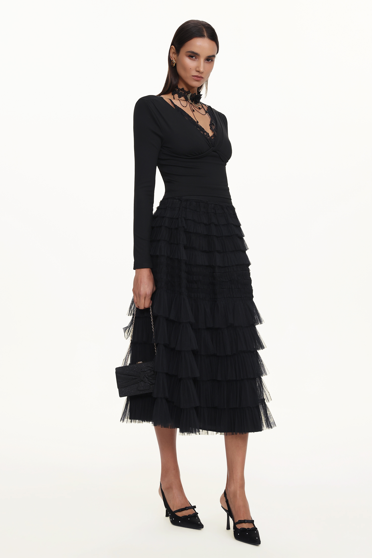 Taj Chic Contour V Neck Long Sleeve Buttoned Layered Lace Maxi Dress