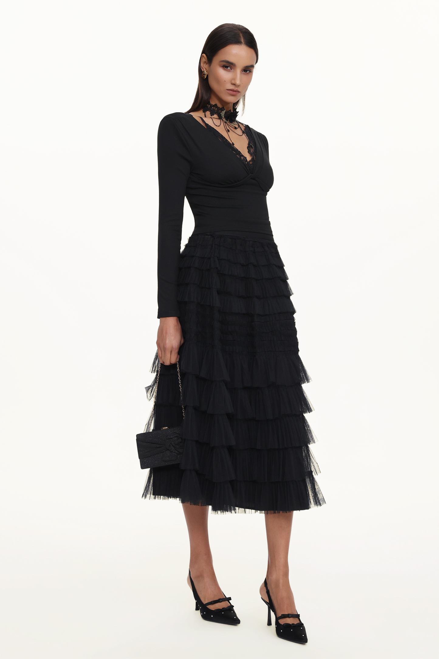 Taj Chic Contour V Neck Long Sleeve Buttoned Layered Lace Maxi Dress