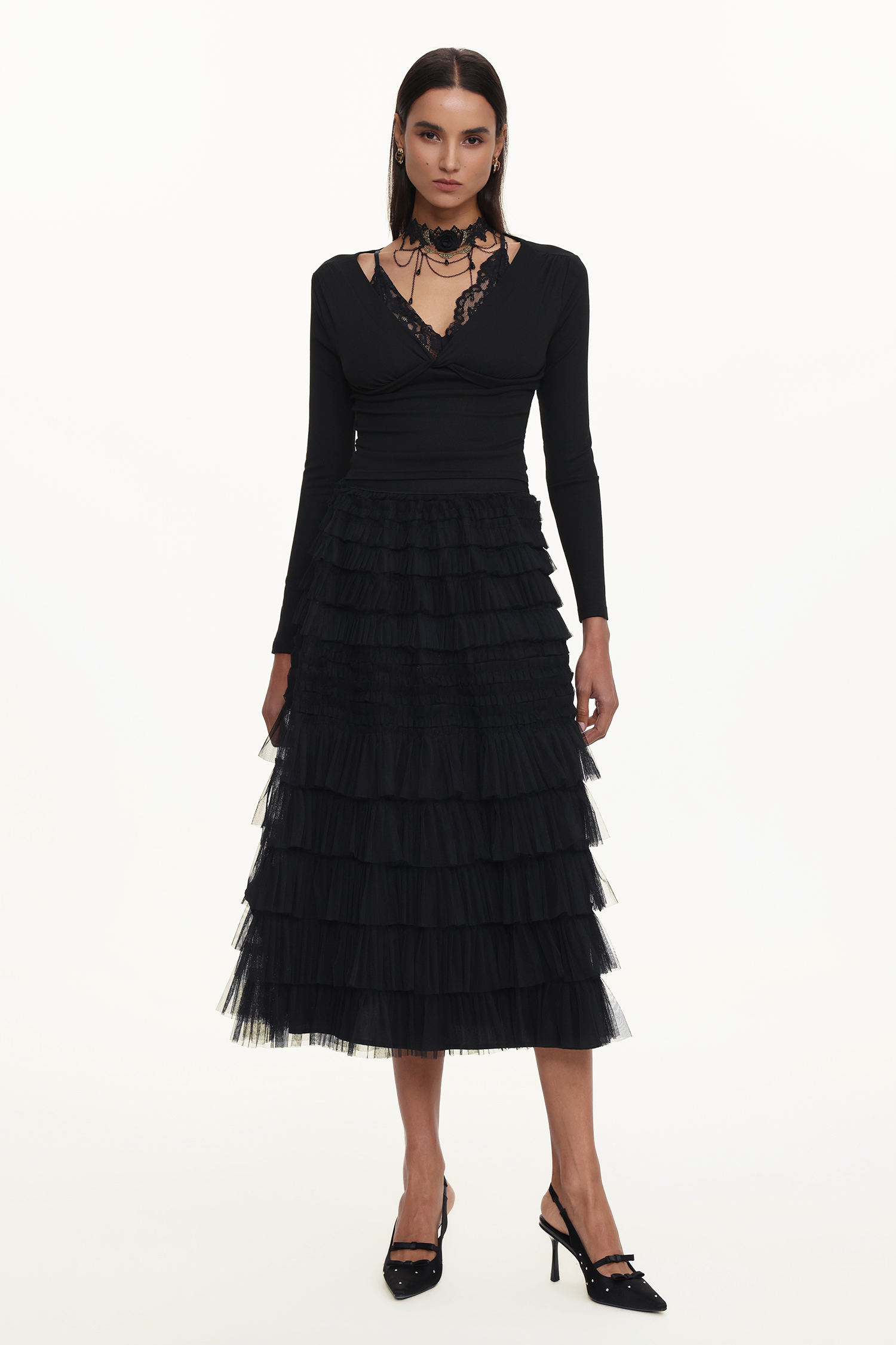 Taj Chic Contour V Neck Long Sleeve Buttoned Layered Lace Maxi Dress