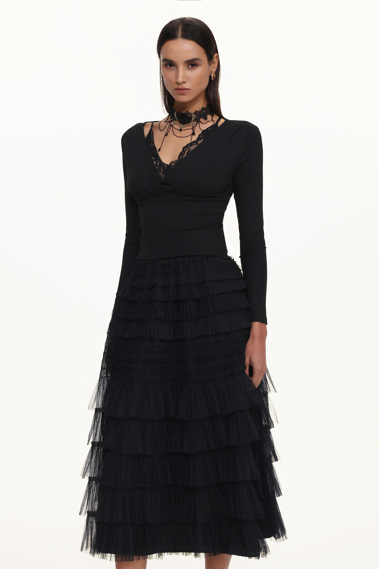 Taj Chic Contour V Neck Long Sleeve Buttoned Layered Lace Maxi Dress