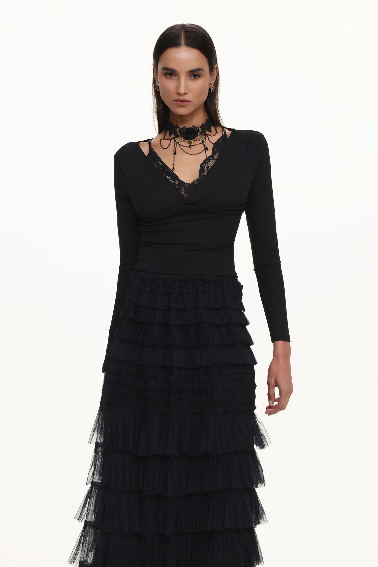 Taj Chic Contour V Neck Long Sleeve Buttoned Layered Lace Maxi Dress