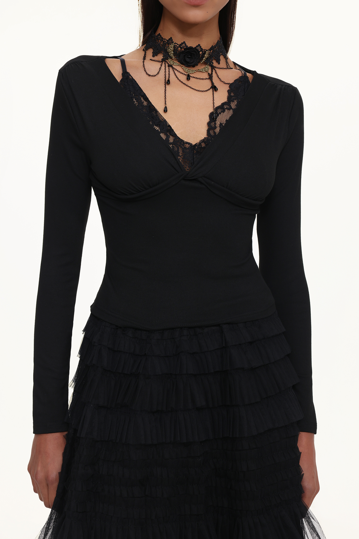 Taj Chic Contour V Neck Long Sleeve Buttoned Layered Lace Maxi Dress