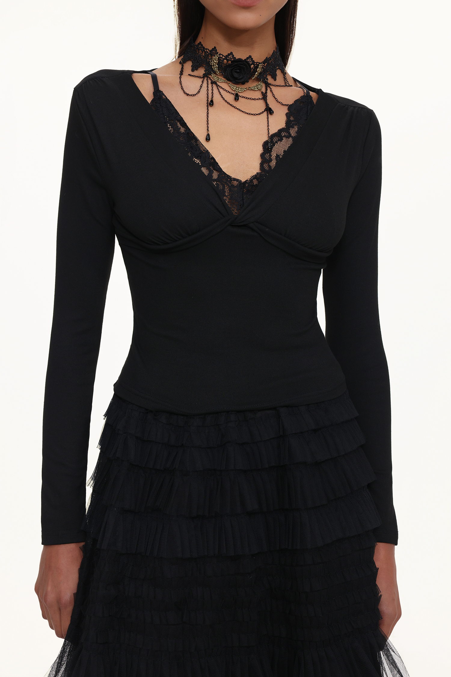 Taj Chic Contour V Neck Long Sleeve Buttoned Layered Lace Maxi Dress