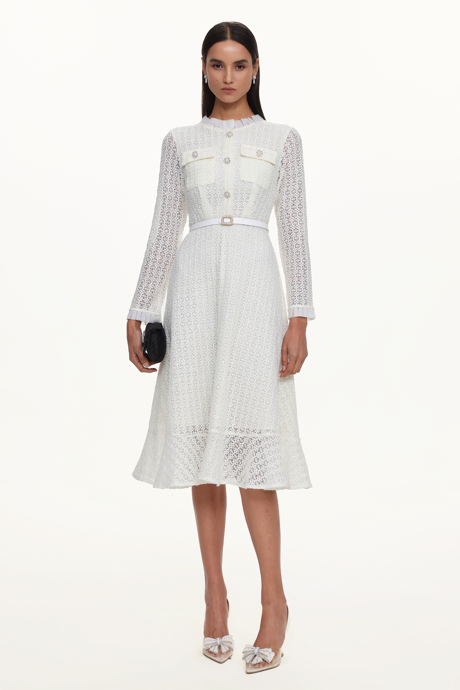 Deme Elegant Flowy Long Sleeve Rhinestone Woven Maxi Dress