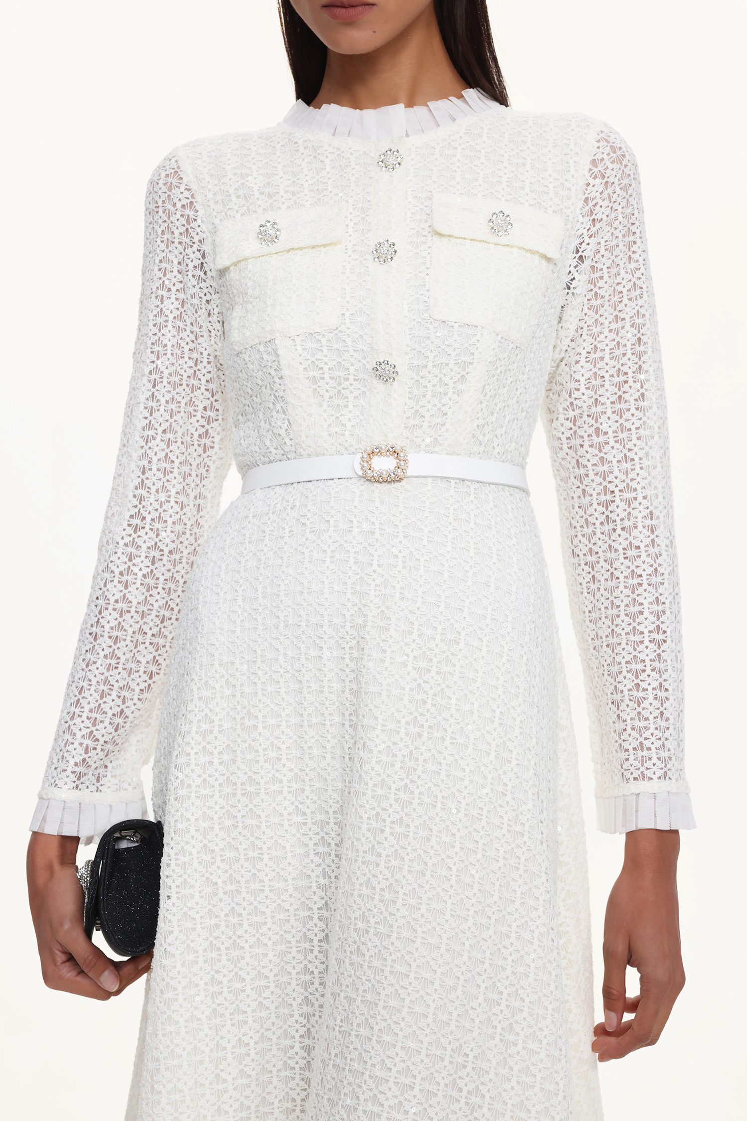 Deme Elegant Flowy Long Sleeve Rhinestone Woven Maxi Dress