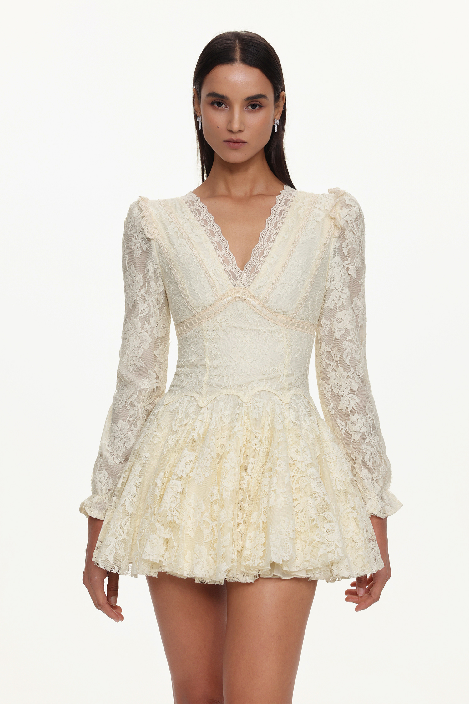 Lara Resort Flowy V-Neck Long Sleeve Floral Lace Woven Mini Dress