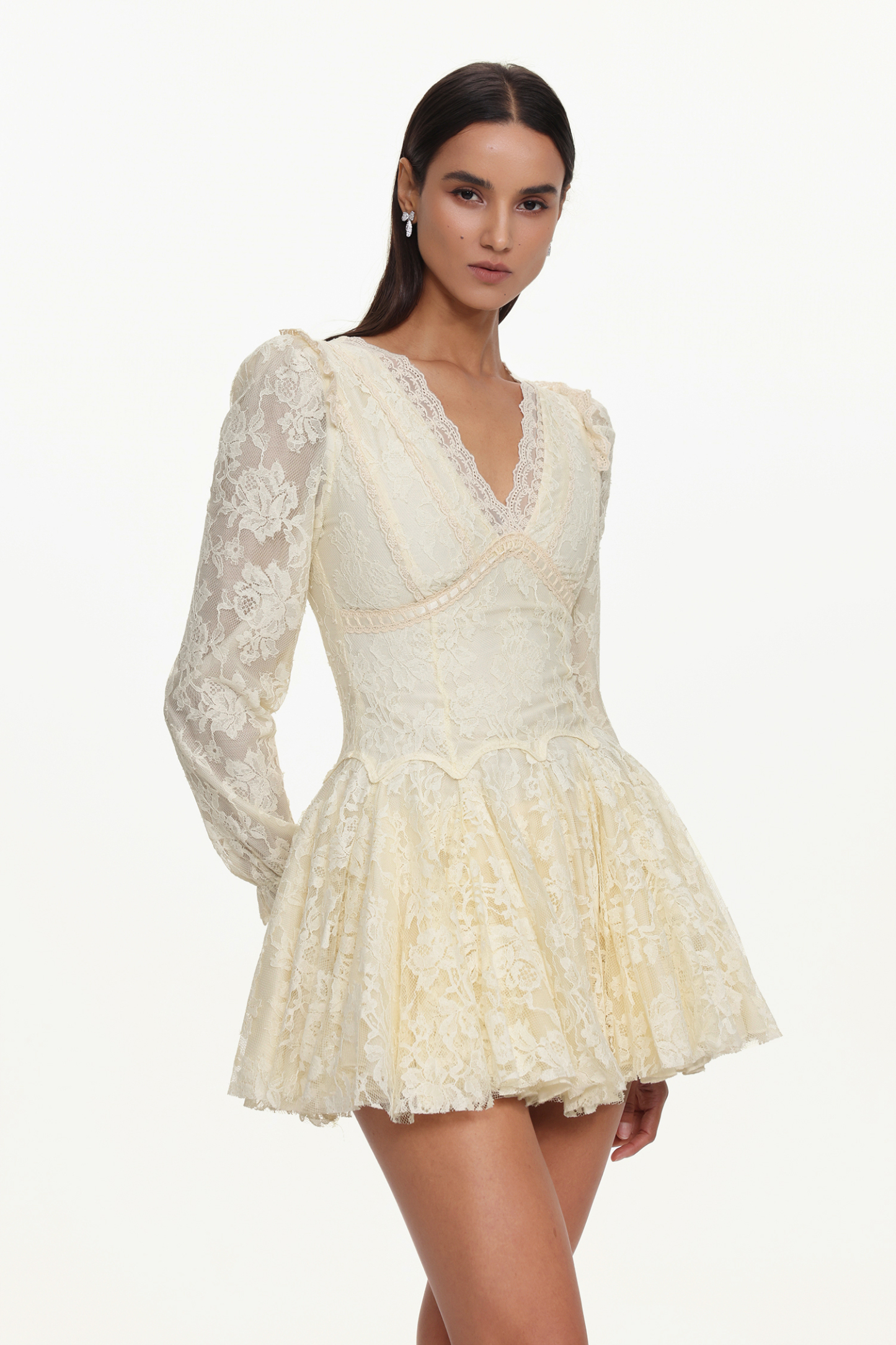 Lara Resort Flowy V-Neck Long Sleeve Floral Lace Woven Mini Dress