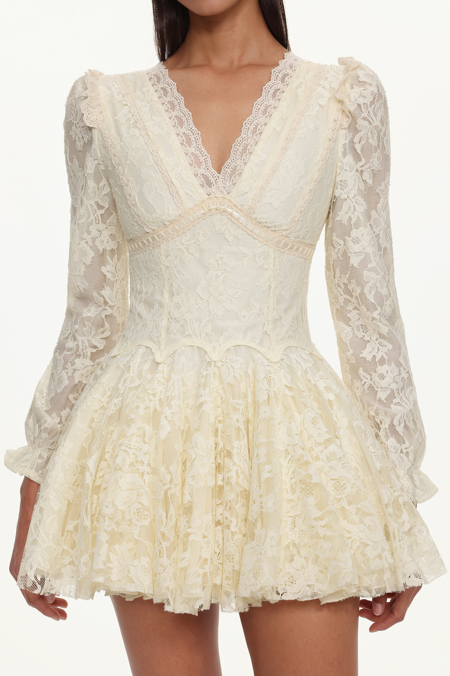 Lara Resort Flowy V-Neck Long Sleeve Floral Lace Woven Mini Dress