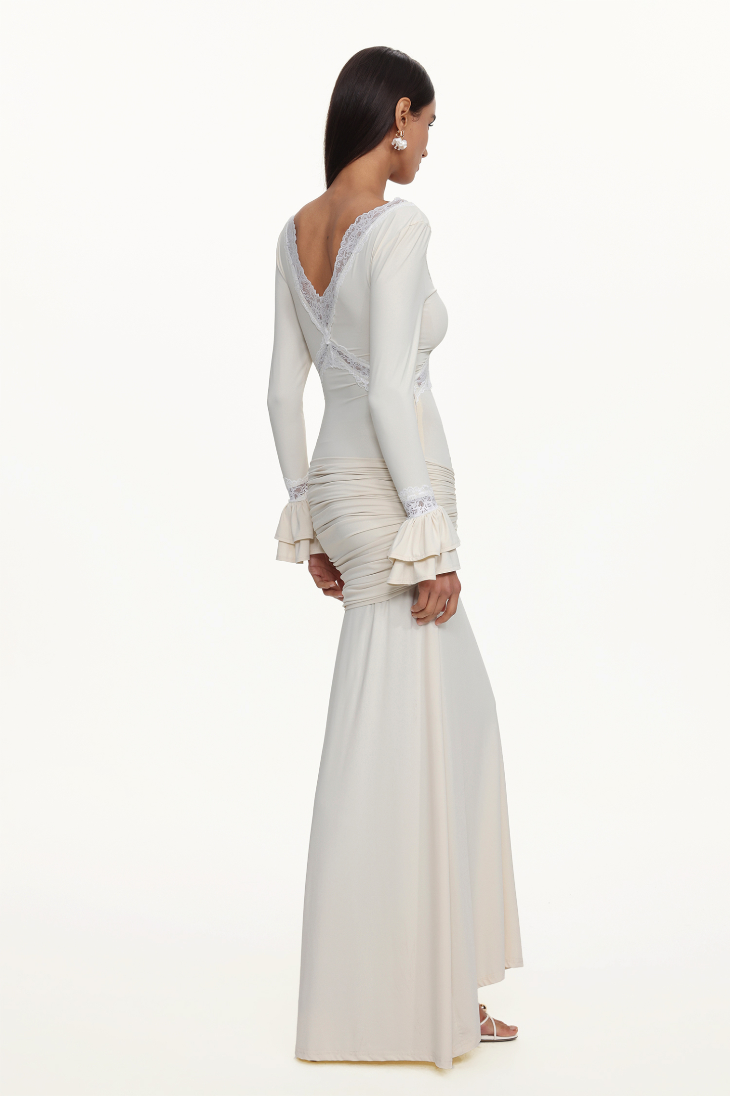 Xavier V-Neck Long Sleeves Lace Twist Beige Maxi Dress