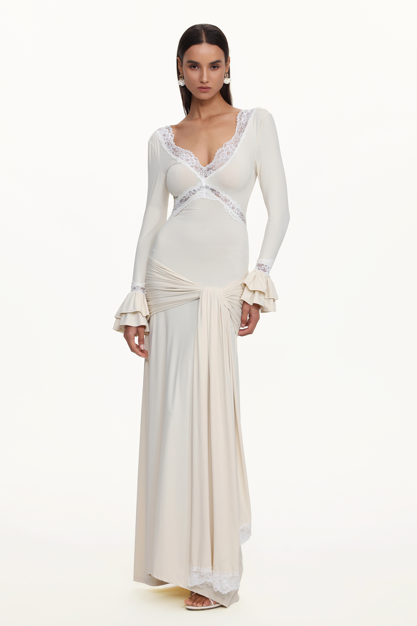 Xavier V-Neck Long Sleeves Lace Twist Beige Maxi Dress