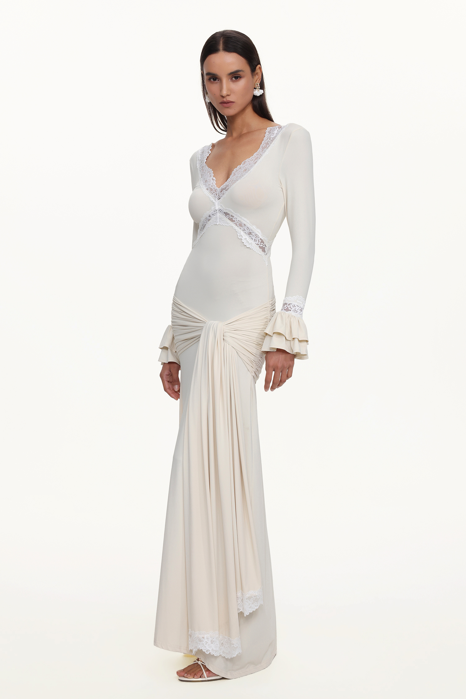 Xavier V-Neck Long Sleeves Lace Twist Beige Maxi Dress