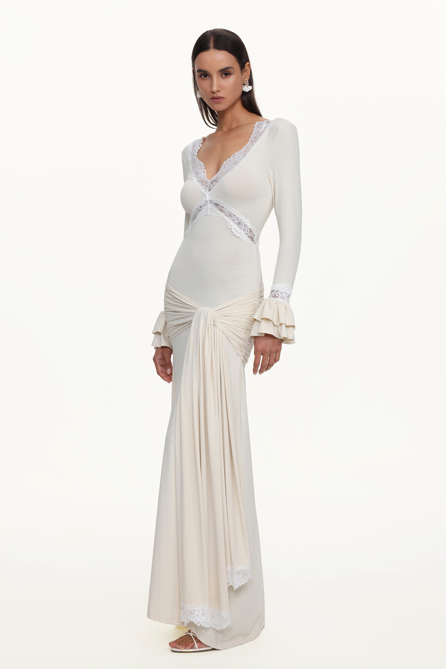 Xavier V-Neck Long Sleeves Lace Twist Beige Maxi Dress