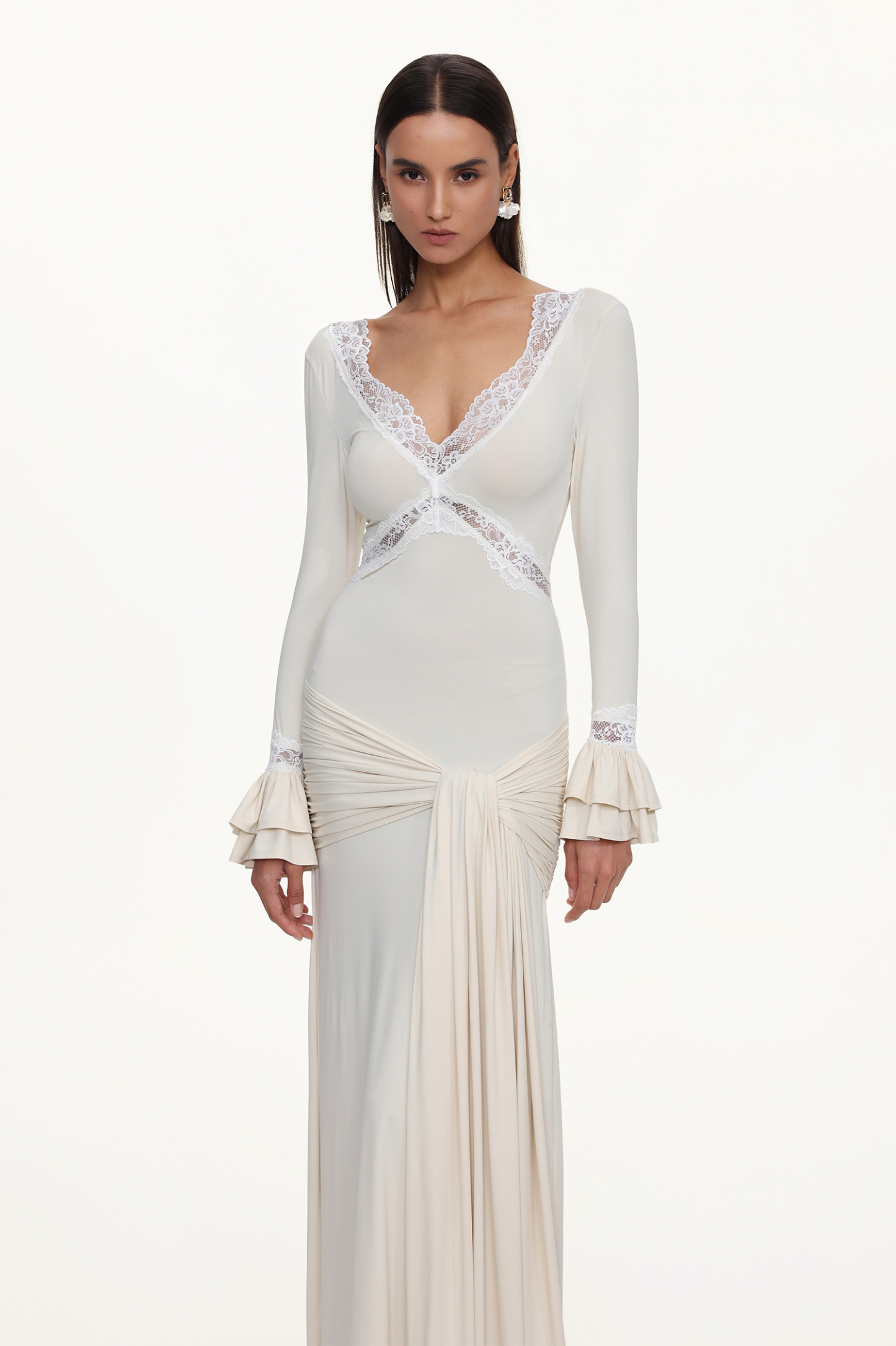 Xavier V-Neck Long Sleeves Lace Twist Beige Maxi Dress