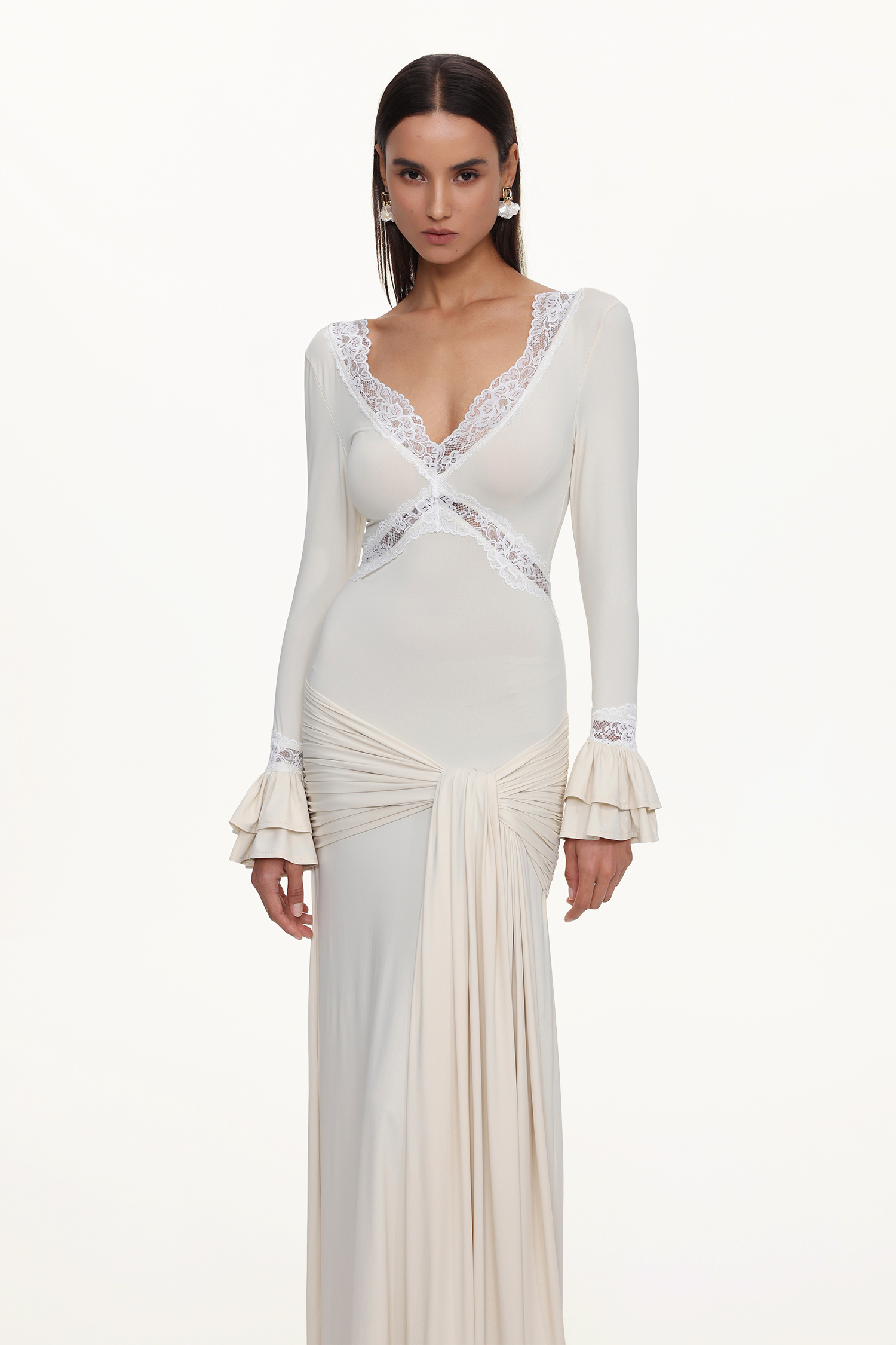 Xavier V-Neck Long Sleeves Lace Twist Beige Maxi Dress