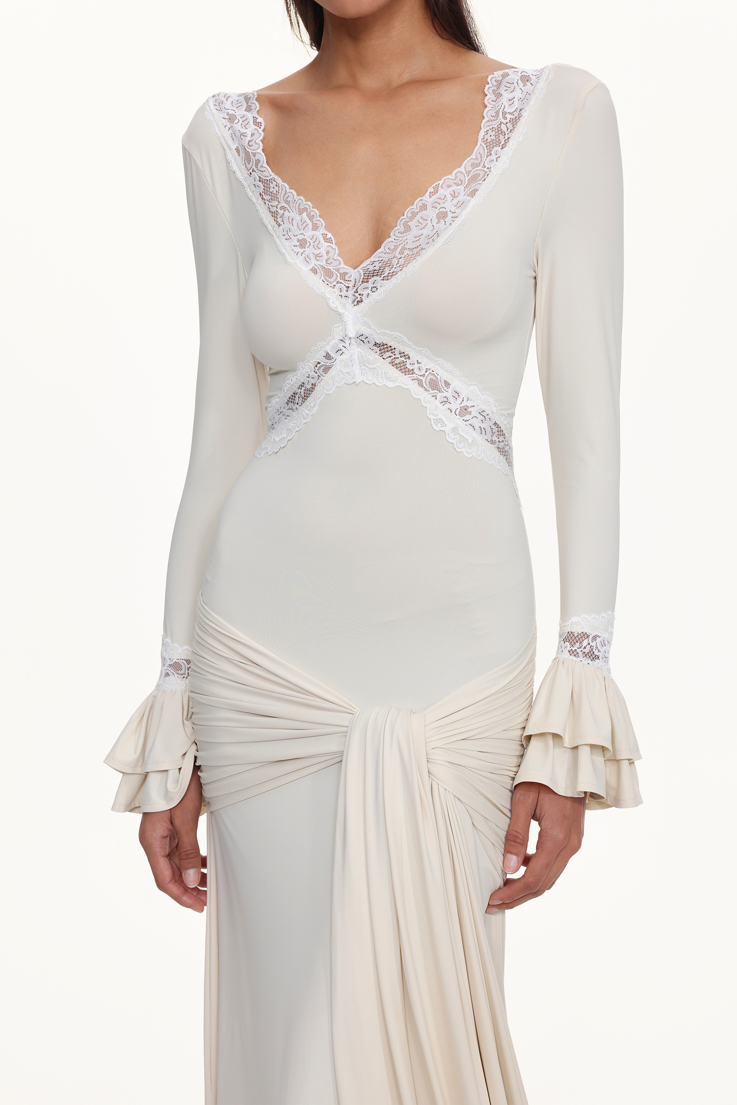 Xavier V-Neck Long Sleeves Lace Twist Beige Maxi Dress