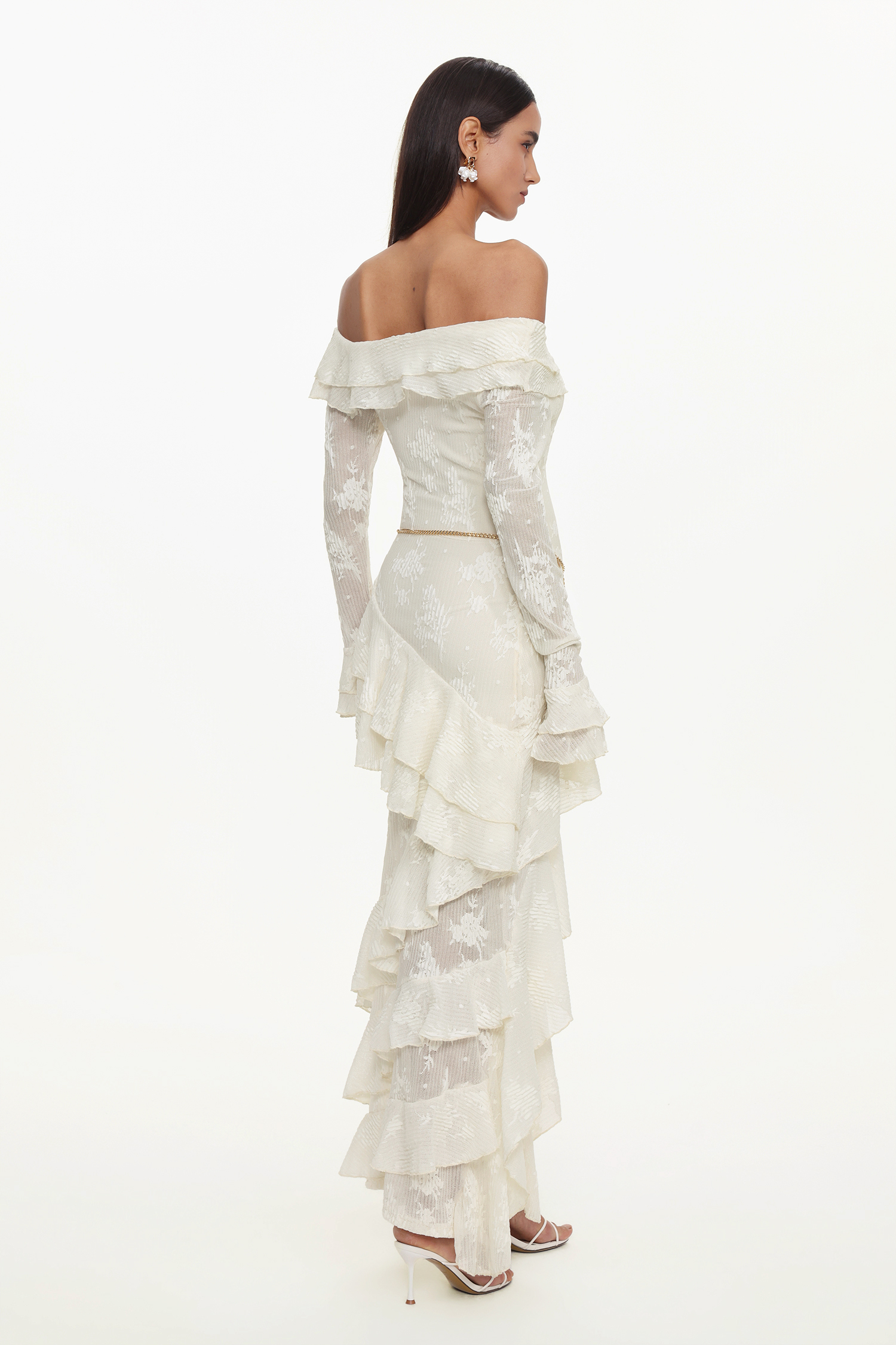 Tahoe Resort Flowy One Shoulder Long Sleeve Asymmetric Ruffle Knit Maxi Dress