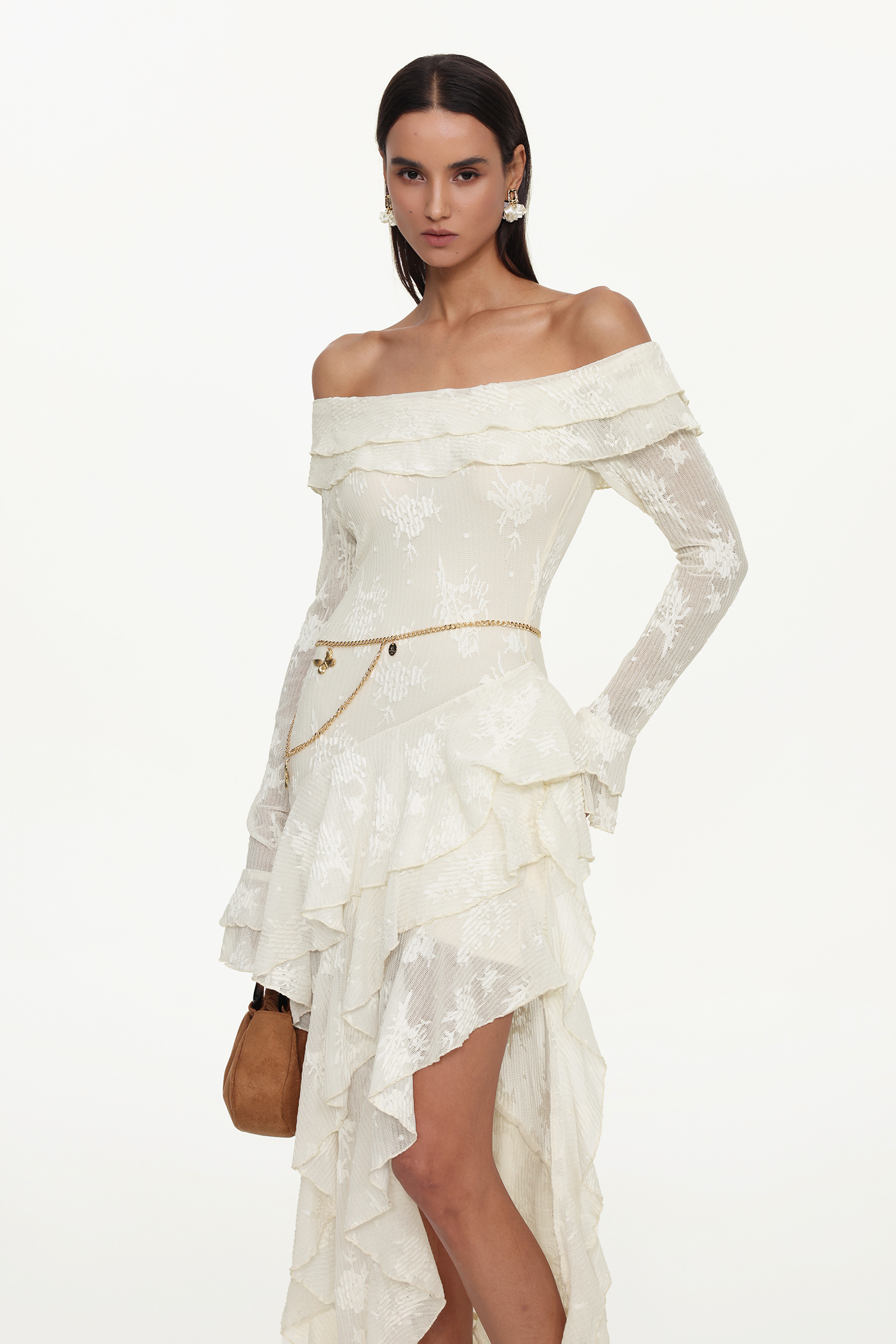 Tahoe Resort Flowy One Shoulder Long Sleeve Asymmetric Ruffle Knit Maxi Dress