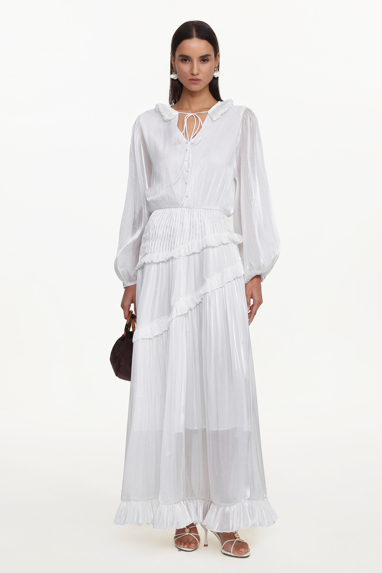 Hlasa Resort Flowy Long Sleeve Ruffle Woven Maxi Dress