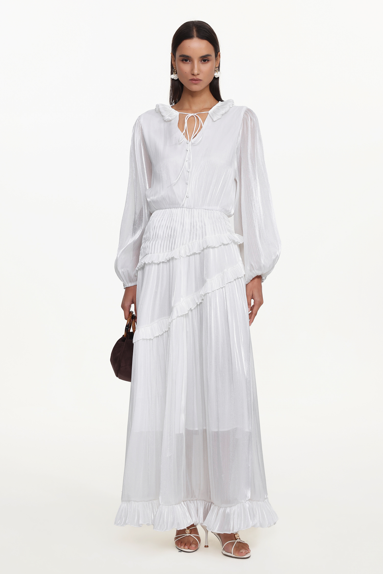 Hlasa Resort Flowy Long Sleeve Ruffle Woven Maxi Dress