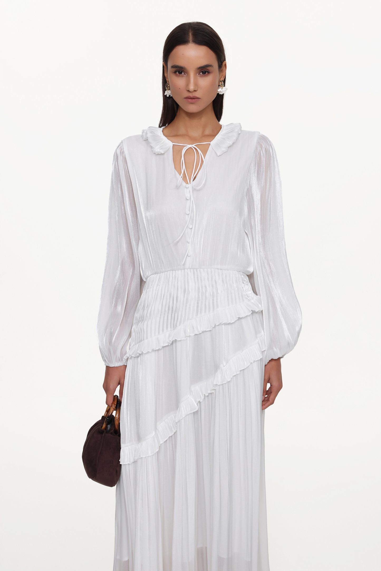 Hlasa Resort Flowy Long Sleeve Ruffle Woven Maxi Dress