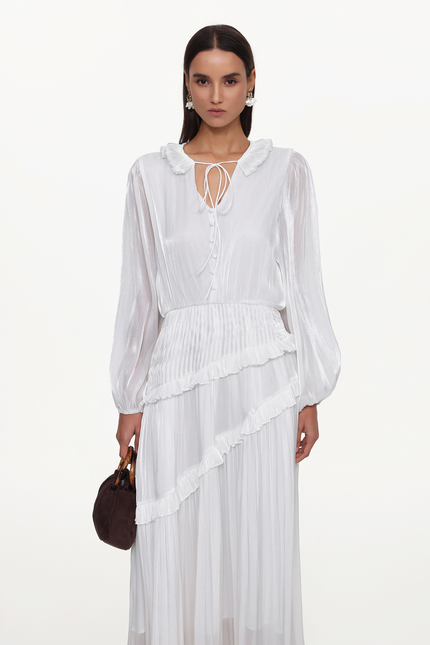 Hlasa Resort Flowy Long Sleeve Ruffle Woven Maxi Dress
