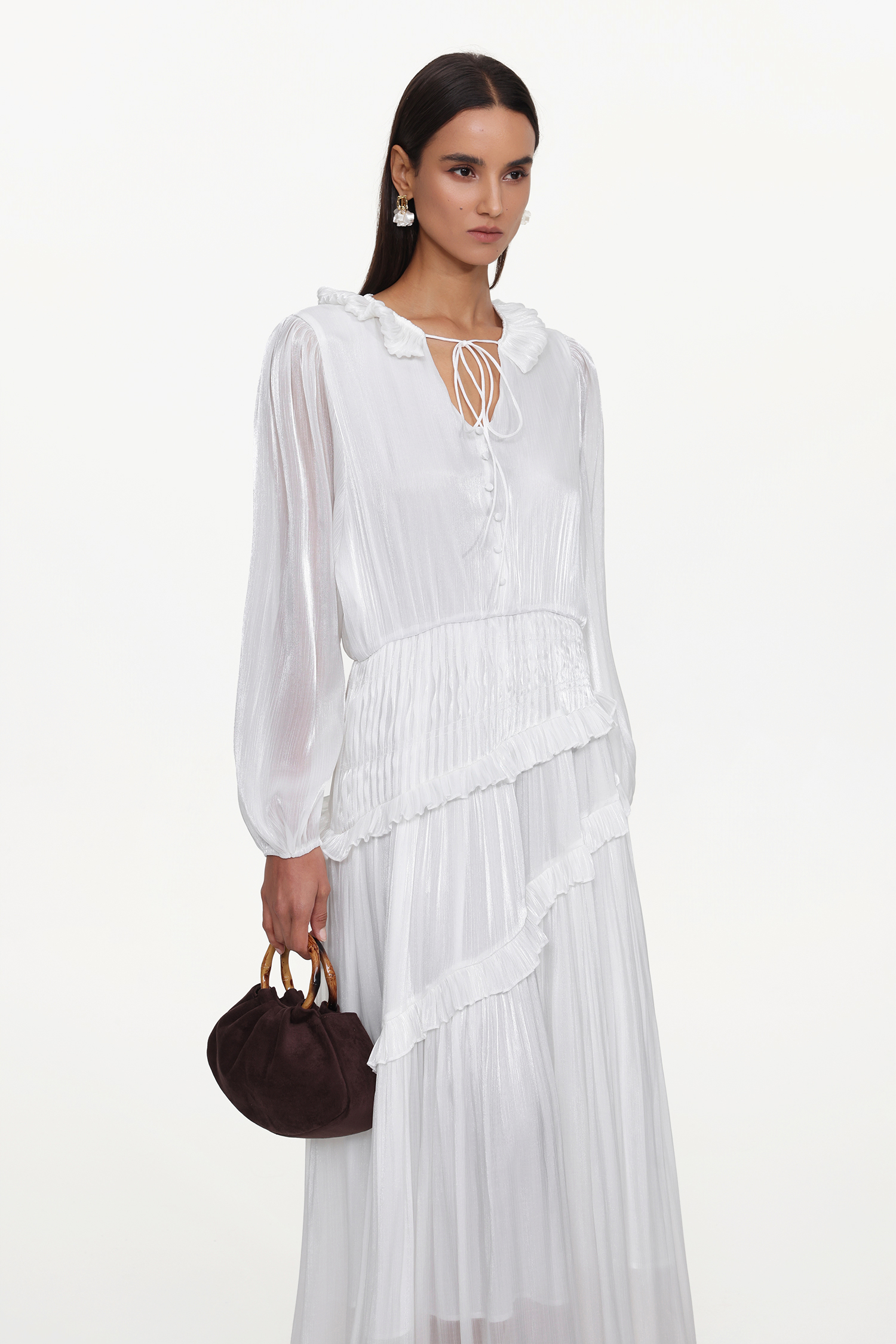 Hlasa Resort Flowy Long Sleeve Ruffle Woven Maxi Dress