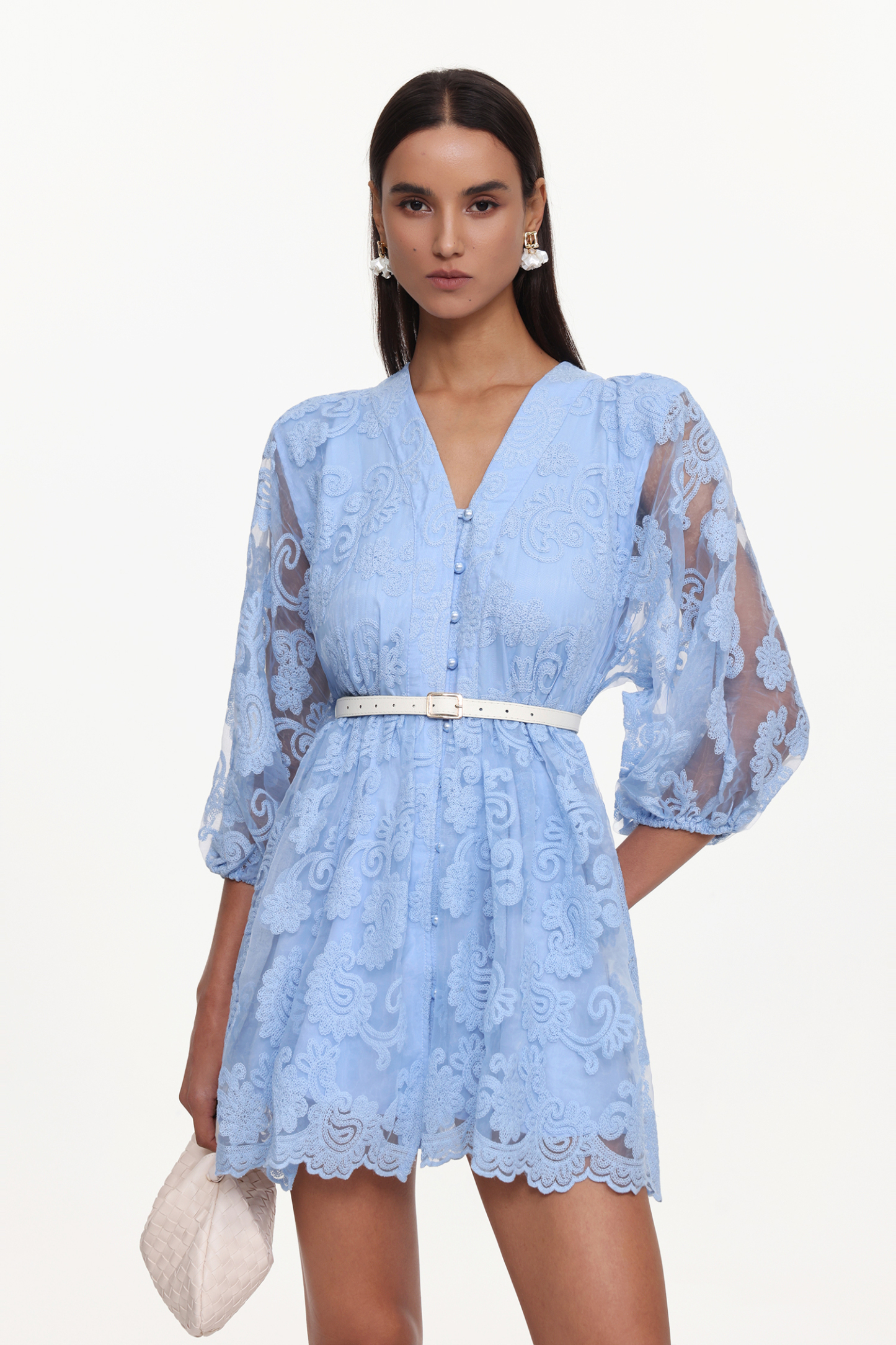 Drawstring Resort Flowy Long Sleeve Belted Lace Woven Blue Mini Dress