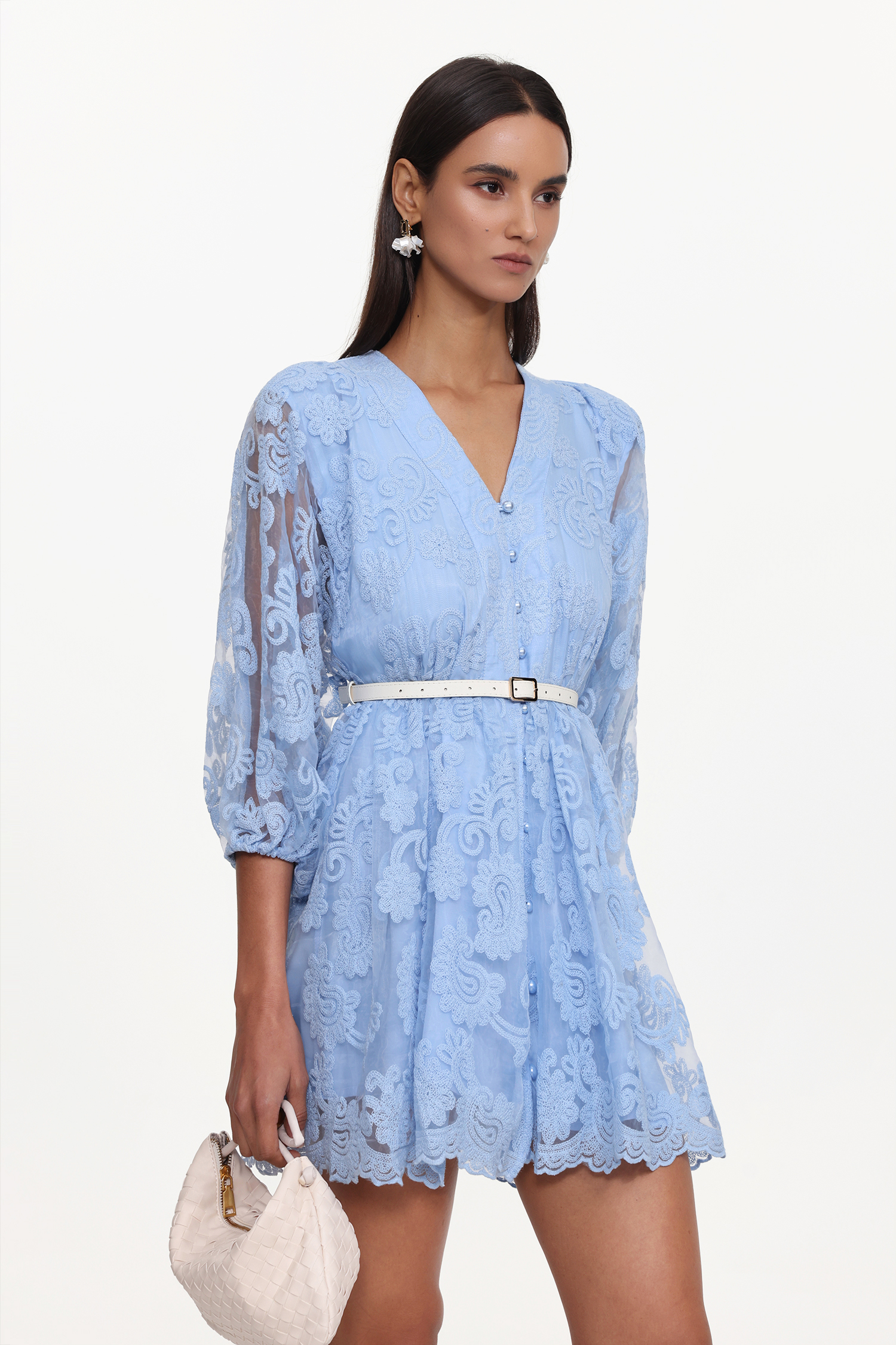 Drawstring Resort Flowy Long Sleeve Belted Lace Woven Blue Mini Dress