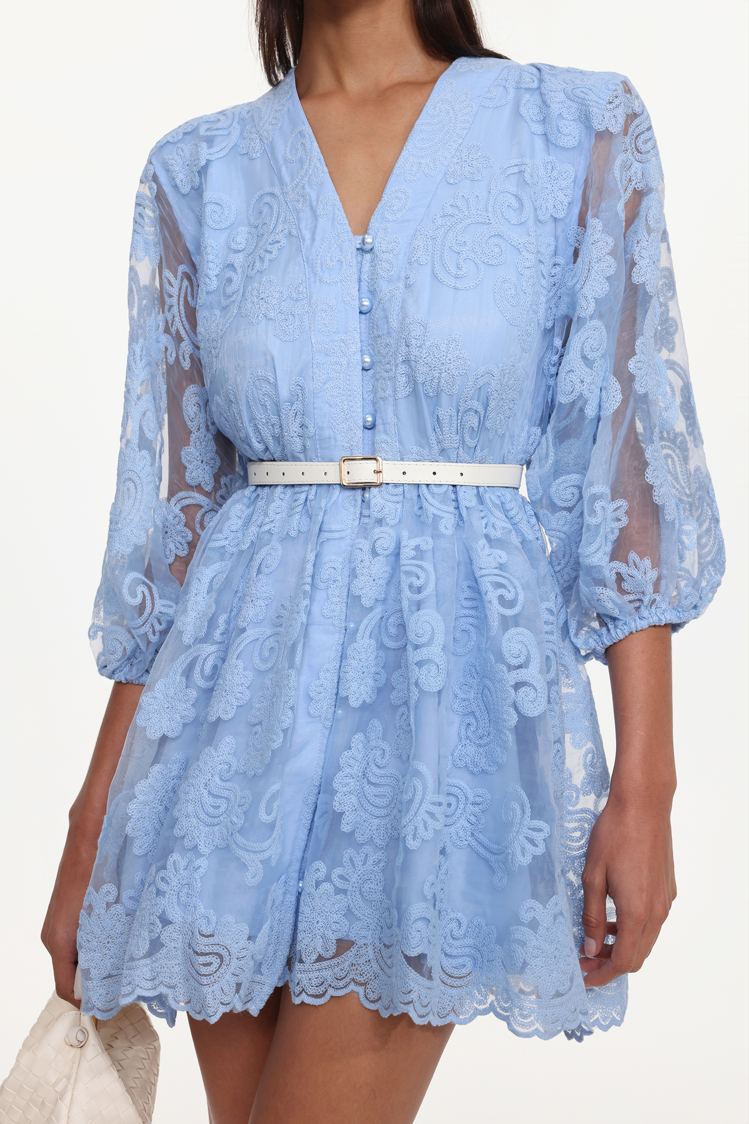 Drawstring Resort Flowy Long Sleeve Belted Lace Woven Blue Mini Dress
