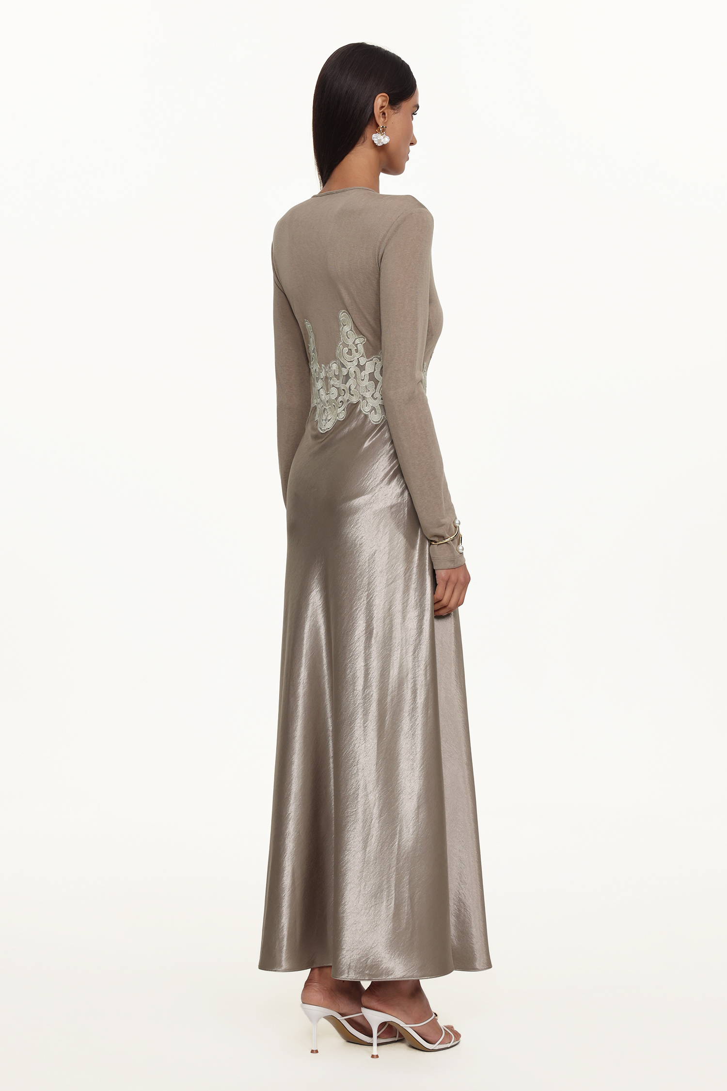 Kaia Elegant Contour Long Sleeve Buttoned Lace Knit Maxi Dress