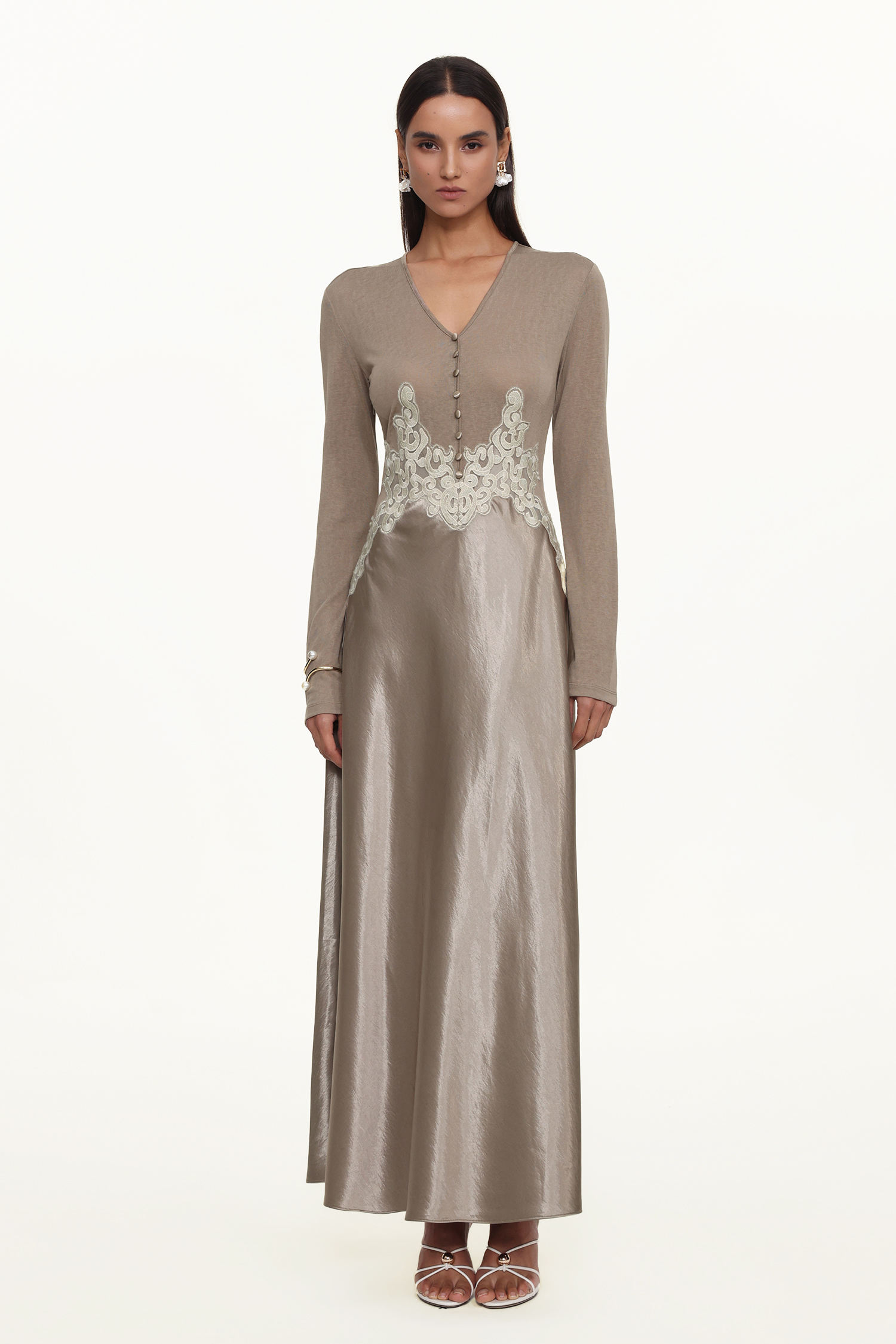 Kaia Elegant Contour Long Sleeve Buttoned Lace Knit Maxi Dress