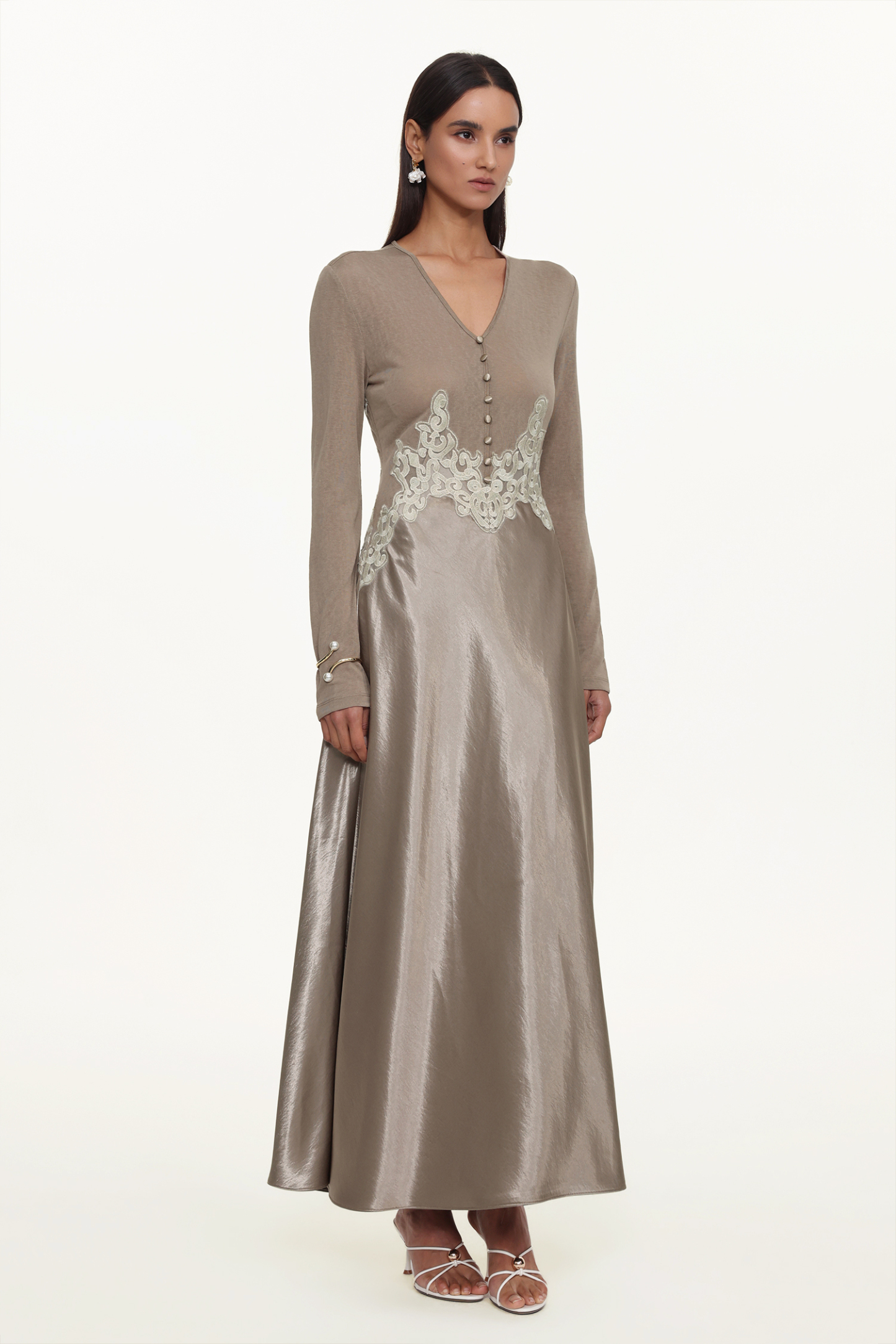 Kaia Elegant Contour Long Sleeve Buttoned Lace Knit Maxi Dress