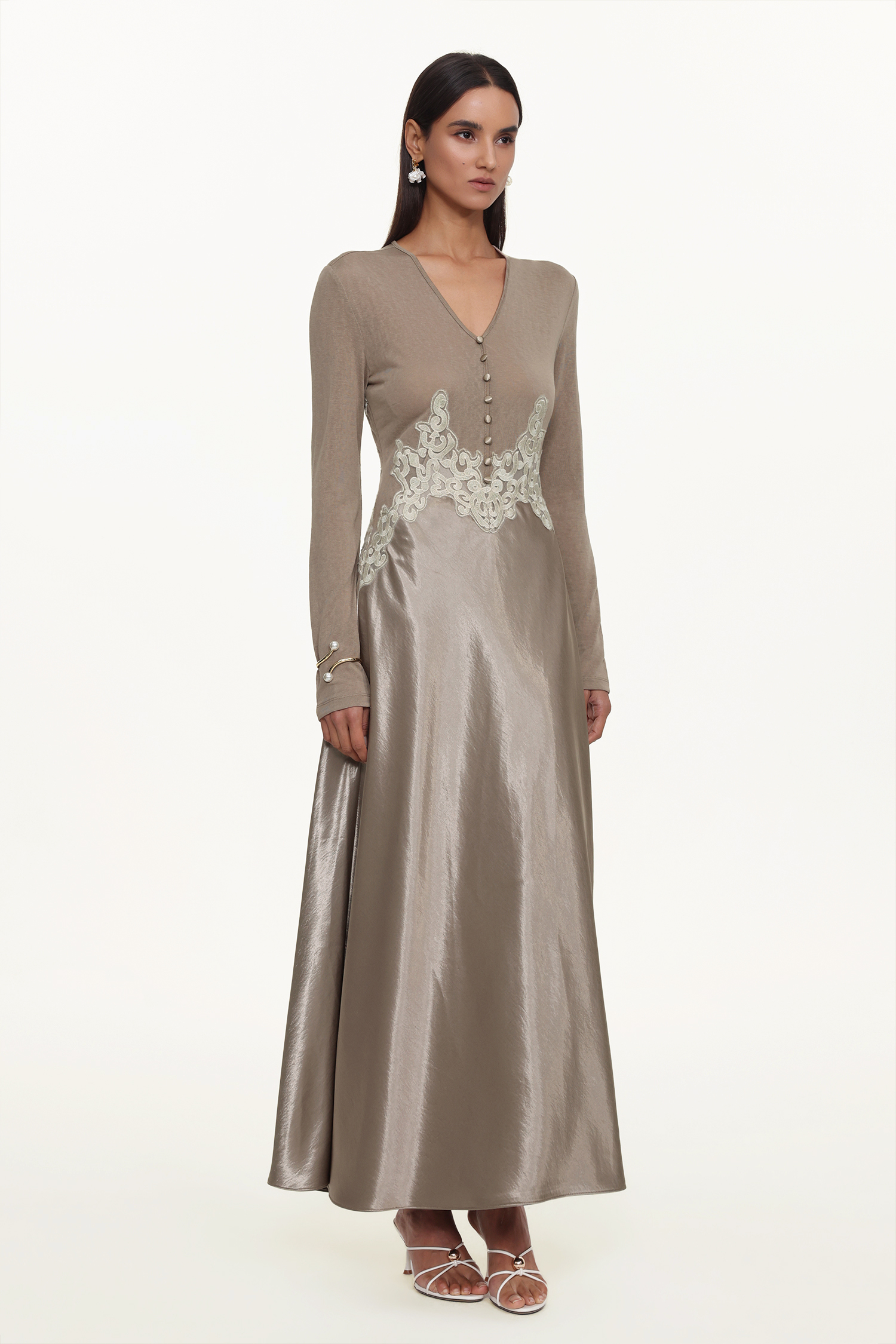 Kaia Elegant Contour Long Sleeve Buttoned Lace Knit Maxi Dress