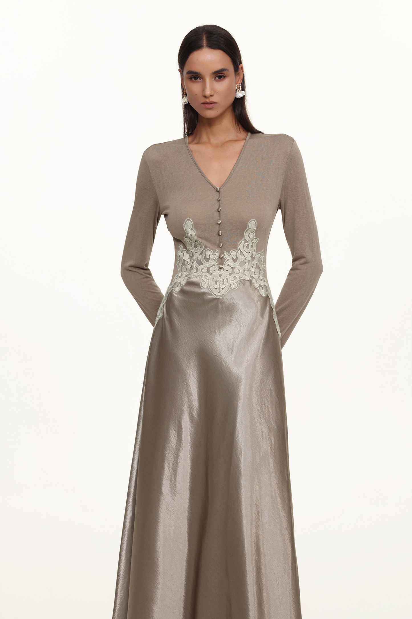 Kaia Elegant Contour Long Sleeve Buttoned Lace Knit Maxi Dress